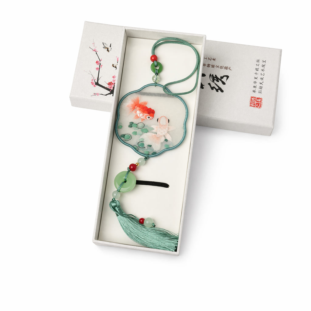 Apsastitch Su Embroidery "Goldfish" Car Hanging Ornament – 120-Hour Handcrafted Suzhou Embroidery Car Charm, 100% Mulberry Silk Base, Goldfish Rearview Mirror Decor, Unique Abundance & Prosperity Gift