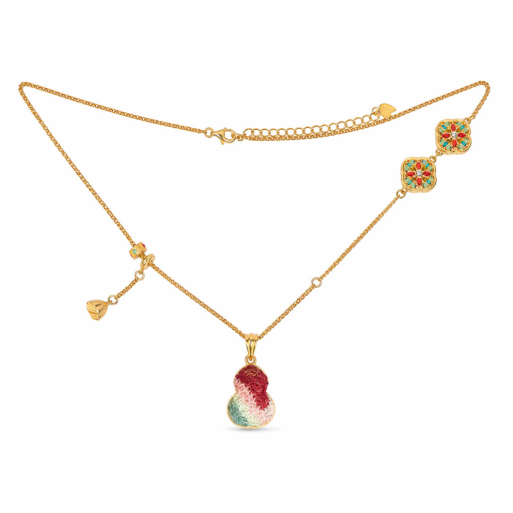 Apsastitch Dunhuang Five-Color Gourd Necklace Series – 24K Gold-Plated S925 Silver with Mulberry Silk Embroidery, Five Auspicious Colors, 38+5cm Adjustable Chain, Unique Chinese Heritage Jewelry Gift