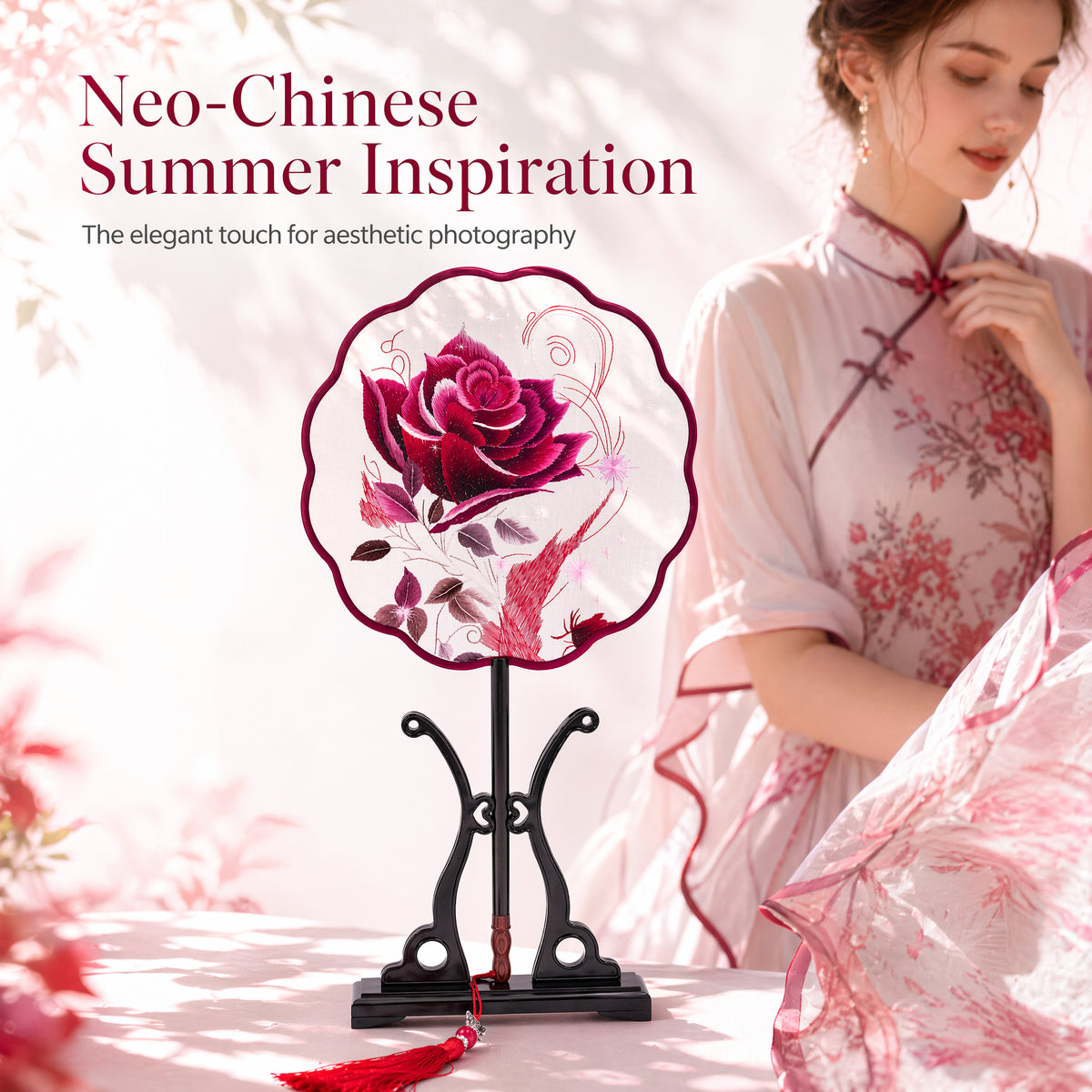 Apsastitch Xiang Embroidery Round Fan Series – Handcrafted Silk Fans with Rosewood Handle, Lotus & Starry Rose Designs, Unique Chinese Heritage Home Decor Gift