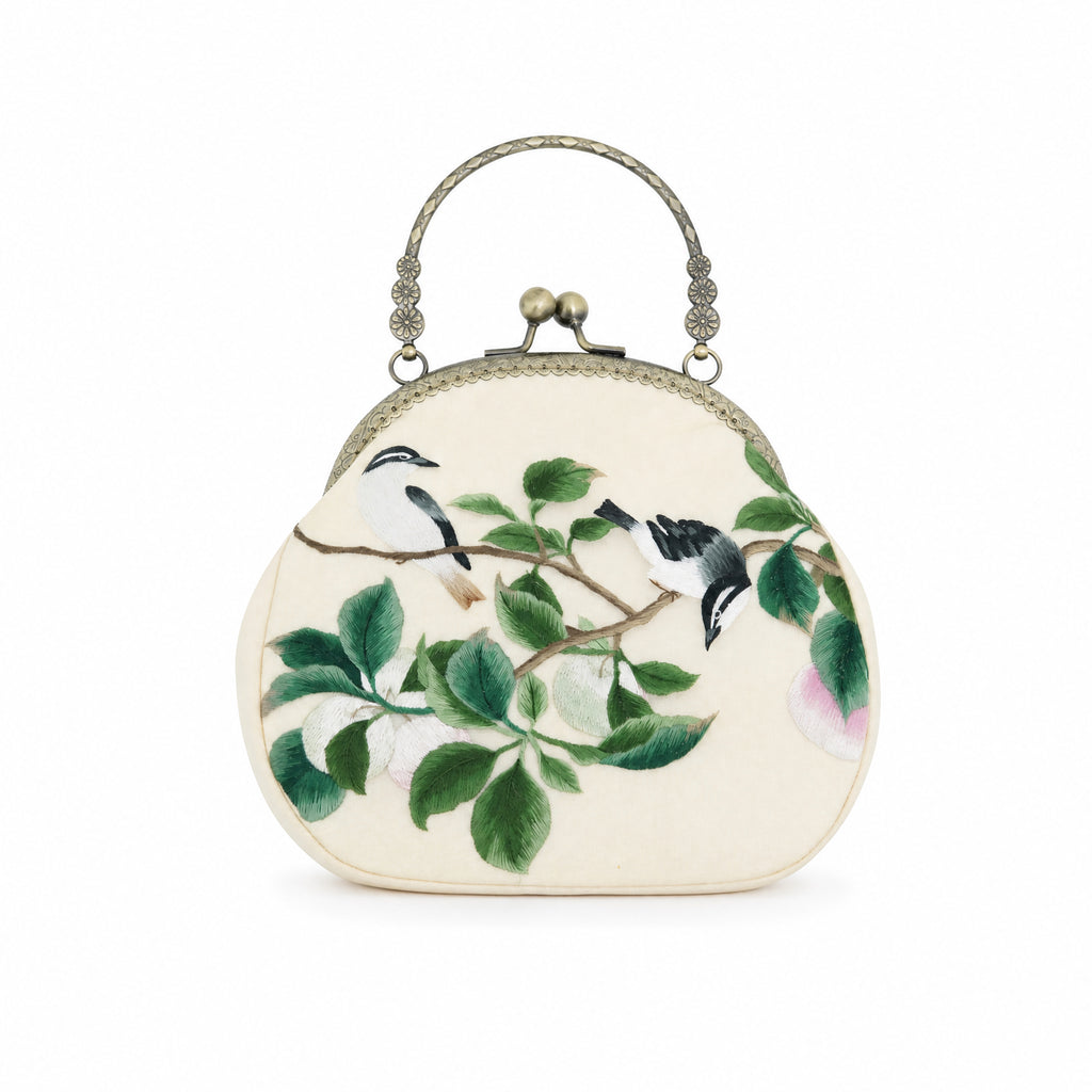 Apsastitch Su Embroidery "Ripe Fruit & Visiting Bird" Tote Bag – 216-Hour Handcrafted Silk Art Bag with Bronze Hardware, Unique Chinese Heritage Fashion Accessory Gift
