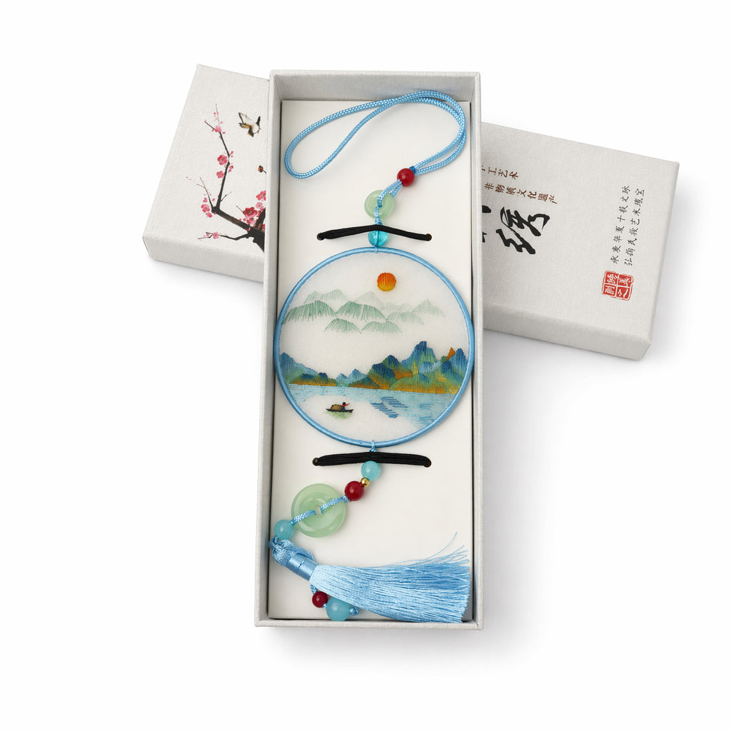 Apsastitch Su Embroidery "Thousand Miles of Rivers and Mountains" Car Hanging Ornament – 120-Hour Handcrafted Suzhou Embroidery Car Charm, 100% Mulberry Silk Base, Landscape Rearview Mirror Decor, Unique Chinese Art Gift