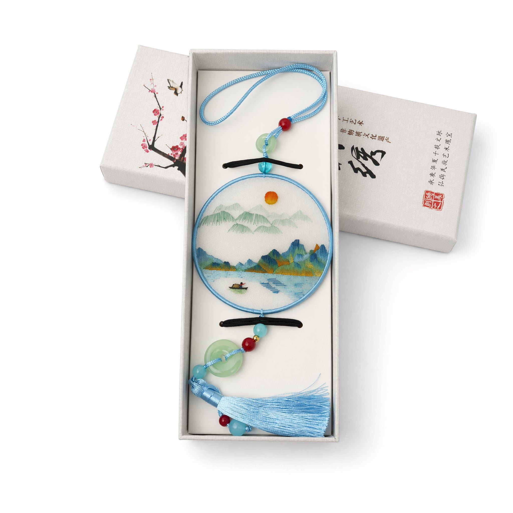 Apsastitch Su Embroidery "Thousand Miles of Rivers and Mountains" Car Hanging Ornament – 120-Hour Handcrafted Suzhou Embroidery Car Charm, 100% Mulberry Silk Base, Landscape Rearview Mirror Decor, Unique Chinese Art Gift