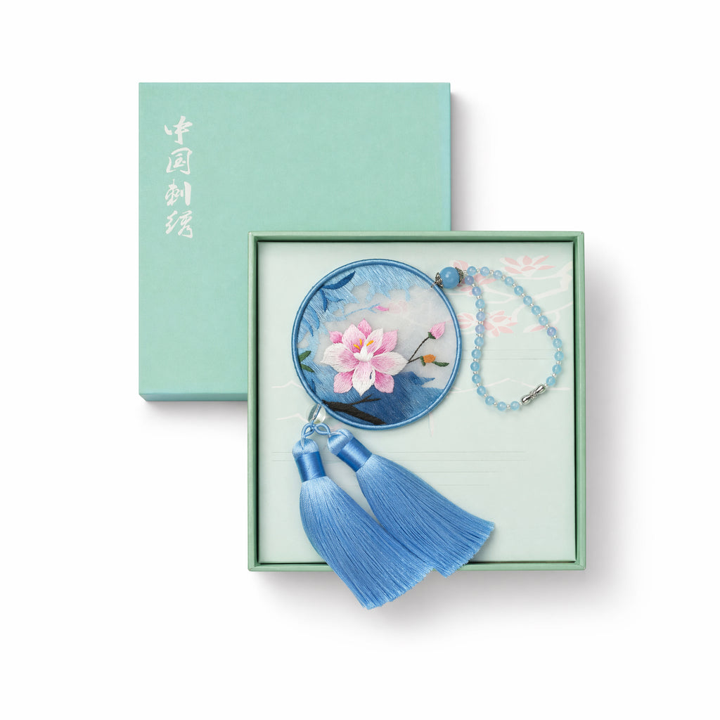 Apsastitch Double-Sided Magnolia Embroidery Car Hanging Ornament – 24-Hour Handcrafted Xiang Embroidery Car Charm, 8×8cm Silk Satin with Silk Tassel