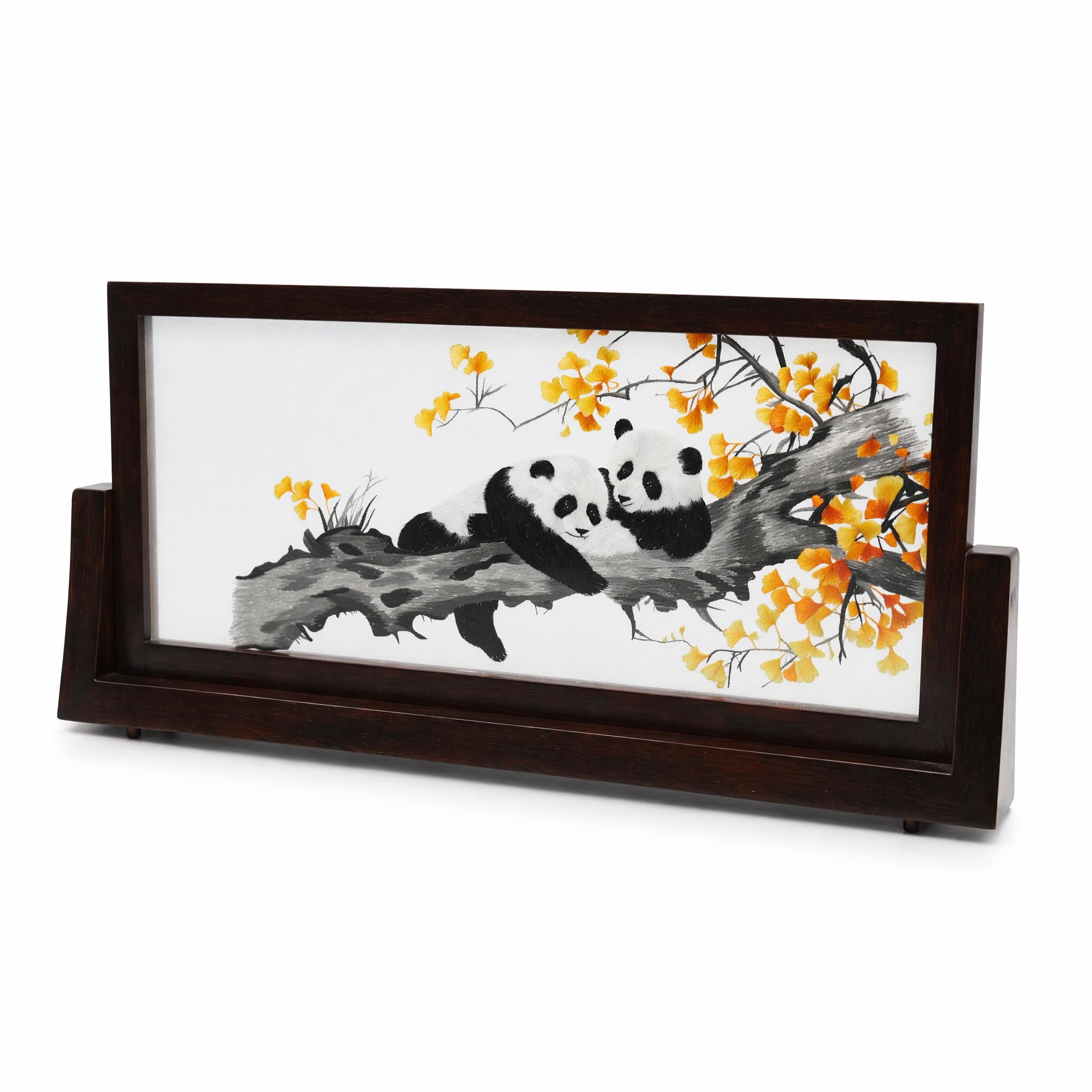 Apsastitch Double-Sided Panda Embroidery Table Screen – 120-Hour Handcrafted Xiang Embroidery Art Collectible, 50×24cm Silk Organza with Padauk Wood Frame