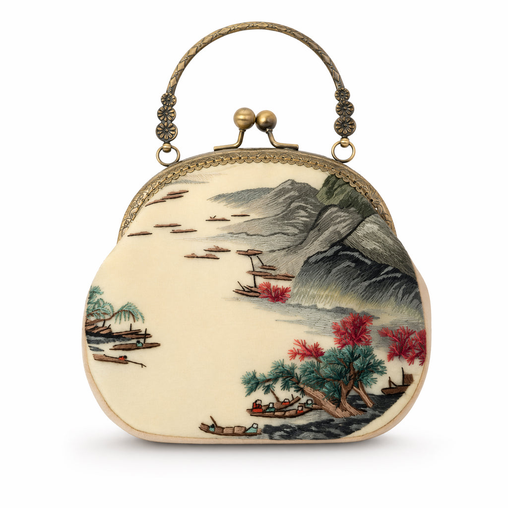 Apsastitch Xiang Embroidery Landscape Tote Bag – 68-Hour Handcrafted Silk Art Bag with Bronze Hardware, Unique Chinese Heritage Fashion Accessory Gift
