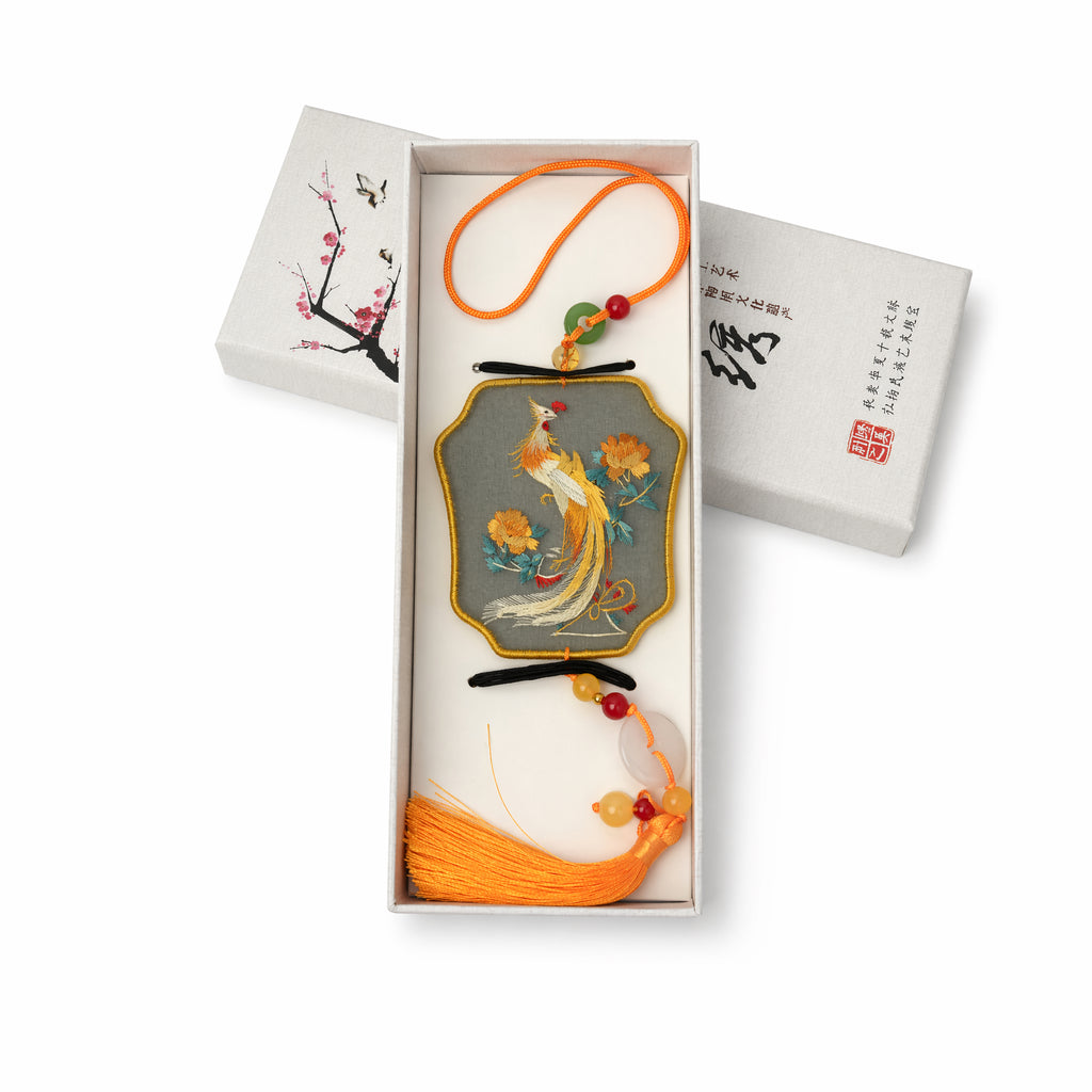 Apsastitch Su Embroidery "Phoenix" Car Hanging Ornament – 120-Hour Handcrafted Suzhou Embroidery Car Charm, 100% Mulberry Silk Base, Phoenix Rearview Mirror Decor, Unique Nobility & Prosperity Gift
