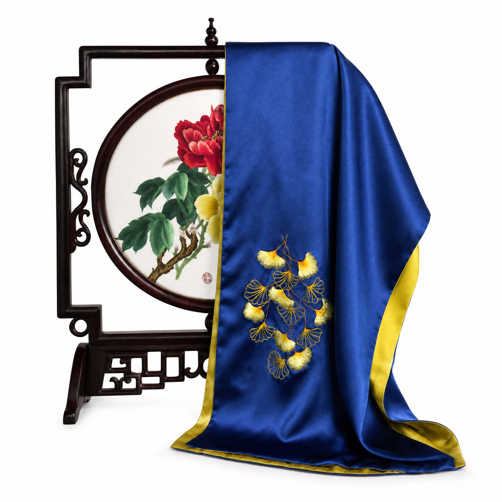 Apsastitch Xiang Embroidery Silk Scarf Series – 40-Hour Handcrafted Silk Scarves, 16 Momme 100% Mulberry Silk, Three Elegant Designs (Gingko / Golden Lotus / Butterfly), Unique Chinese Heritage Fashion Accessory Gift