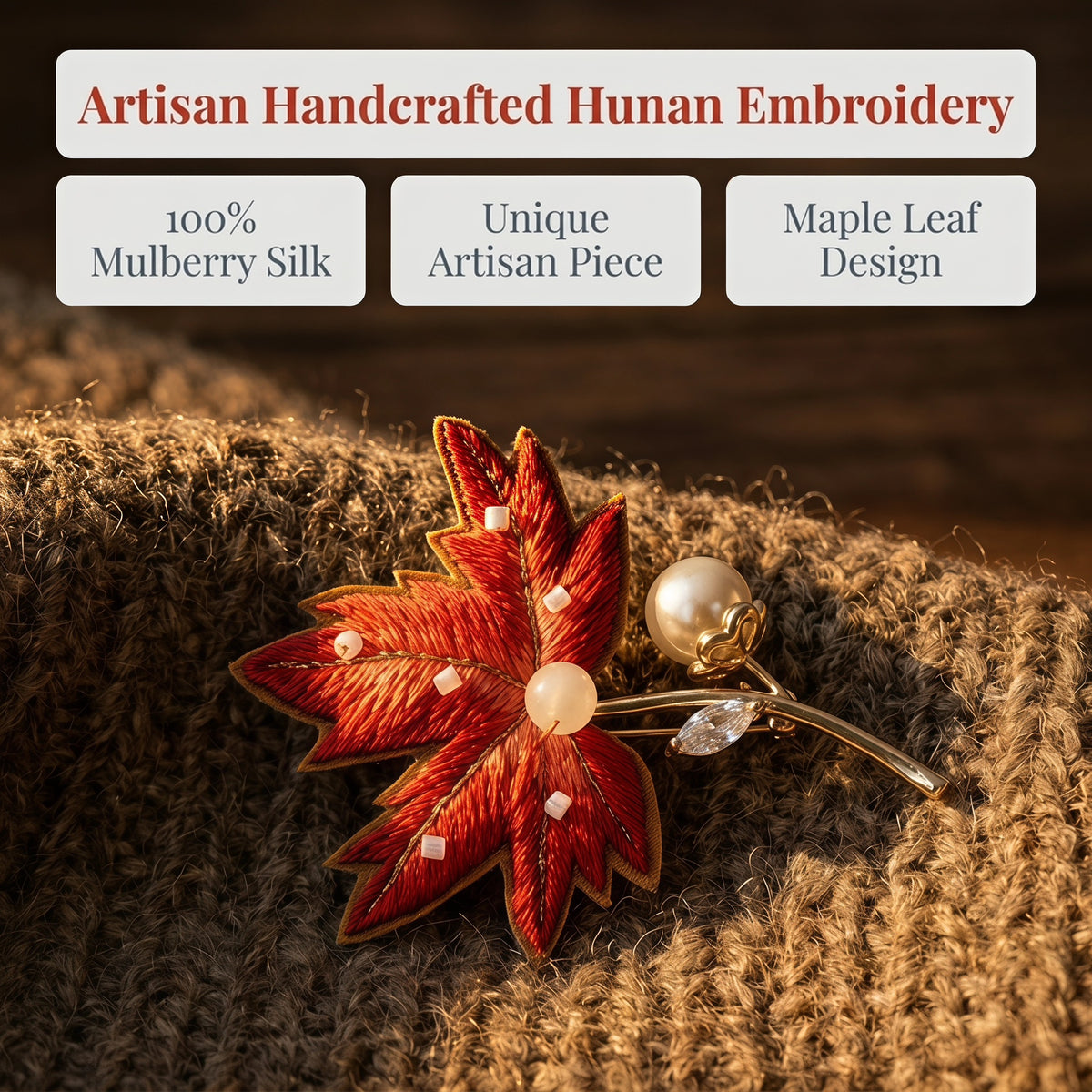 Apsastitch Xiang Embroidery Red Maple Leaf Brooch – 24-Hour Handcrafted Silk Brooch with Alloy Pin, Symbol of Passion & Good Fortune, Unique Chinese Heritage Fashion Accessory Gift
