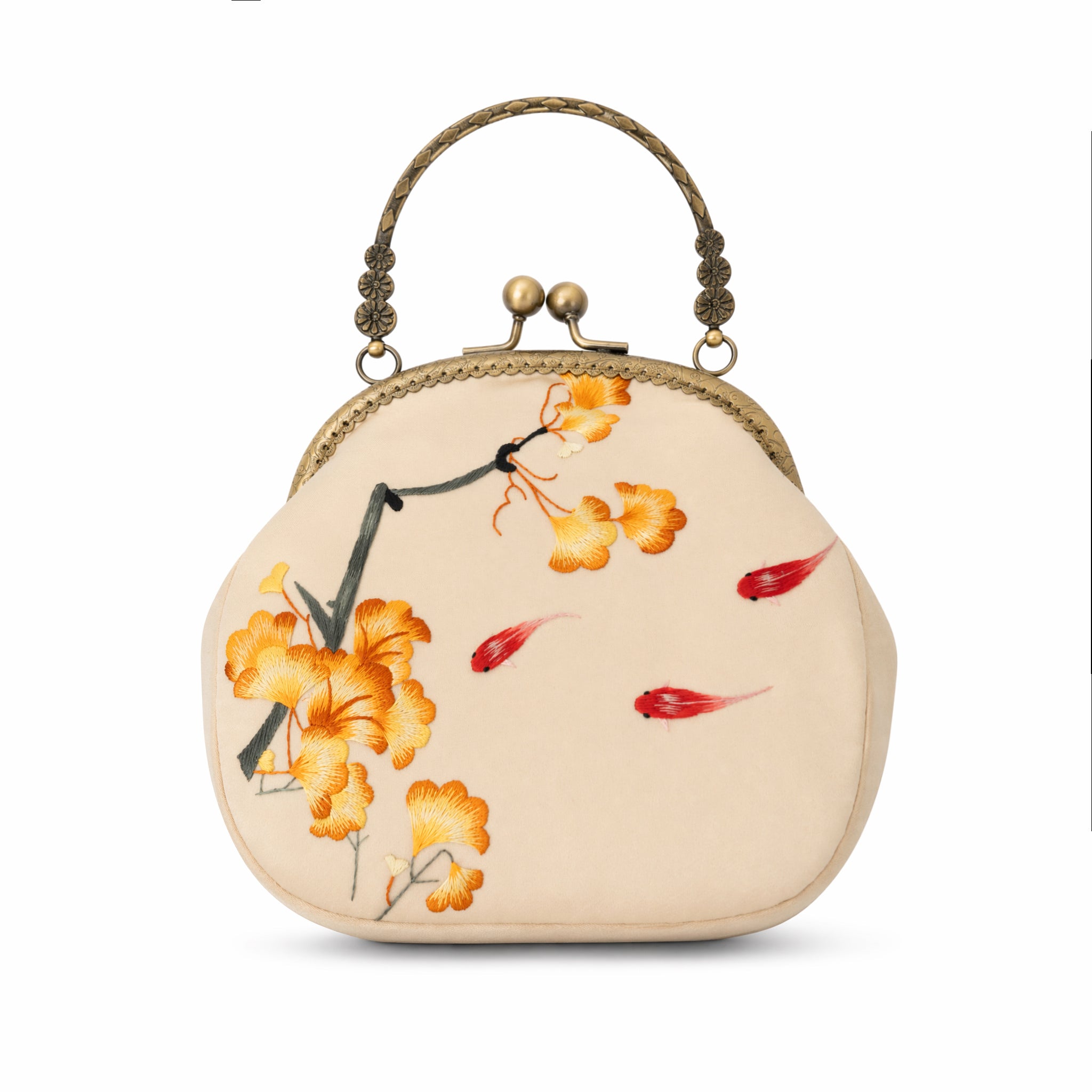 Apsastitch Xiang Embroidery Ginkgo & Fish Tote Bag – 24-Hour Handcrafted Silk Art Bag with Bronze Hardware, Unique Chinese Heritage Fashion Accessory Gift