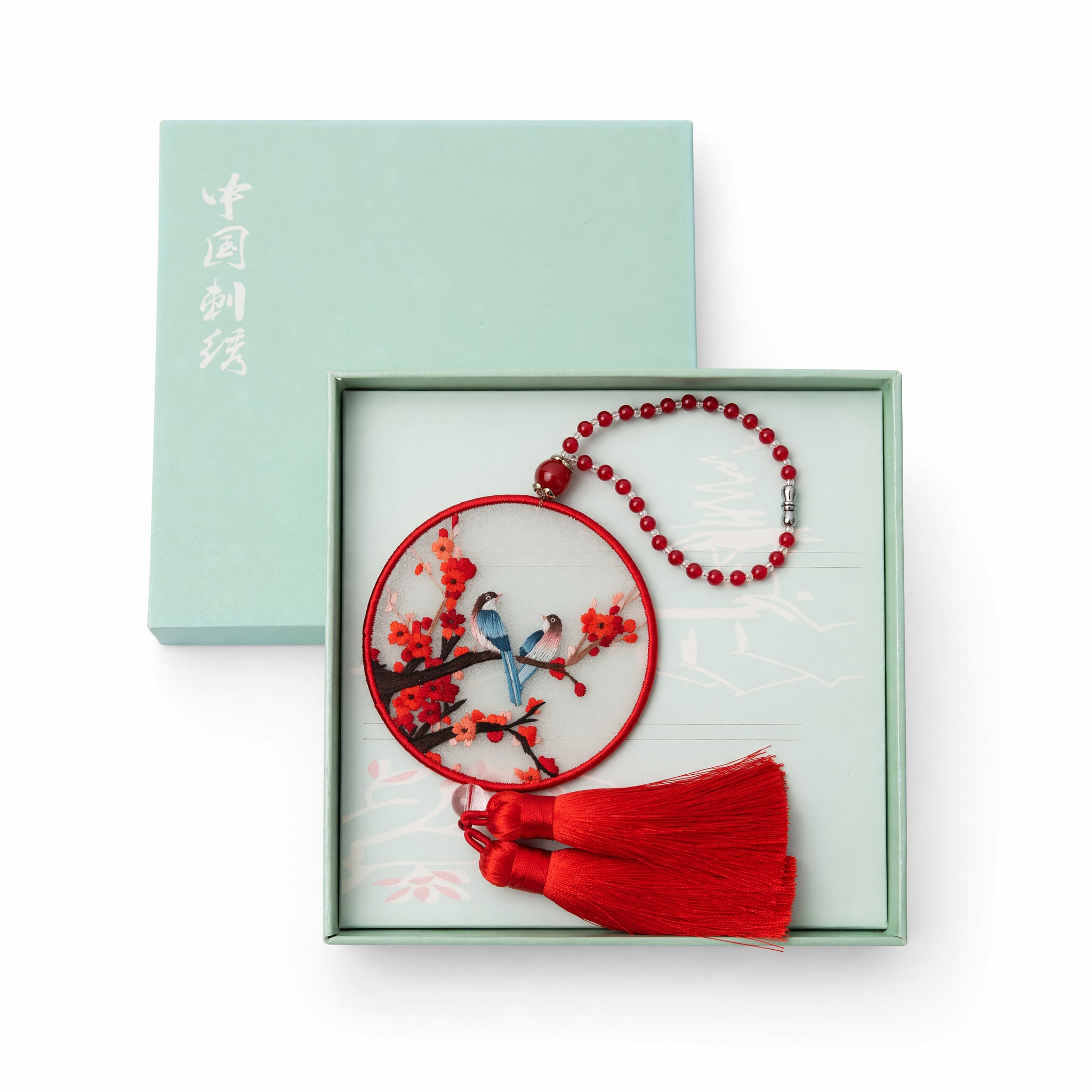 Apsastitch Double-Sided Magpie on Plum Blossom Embroidery Car Hanging Ornament – 24-Hour Handcrafted Xiang Embroidery Car Charm, 8×8cm Silk Satin with Silk Tassel