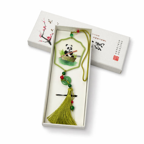 Apsastitch Double-Sided Lucky Panda Embroidery Car Hanging Ornament – 24-Hour Handcrafted Xiang Embroidery Car Charm, Silk Satin with Silk Tassel, Cute Panda Rearview Mirror Decor, Unique Peaceful Good Luck Gift
