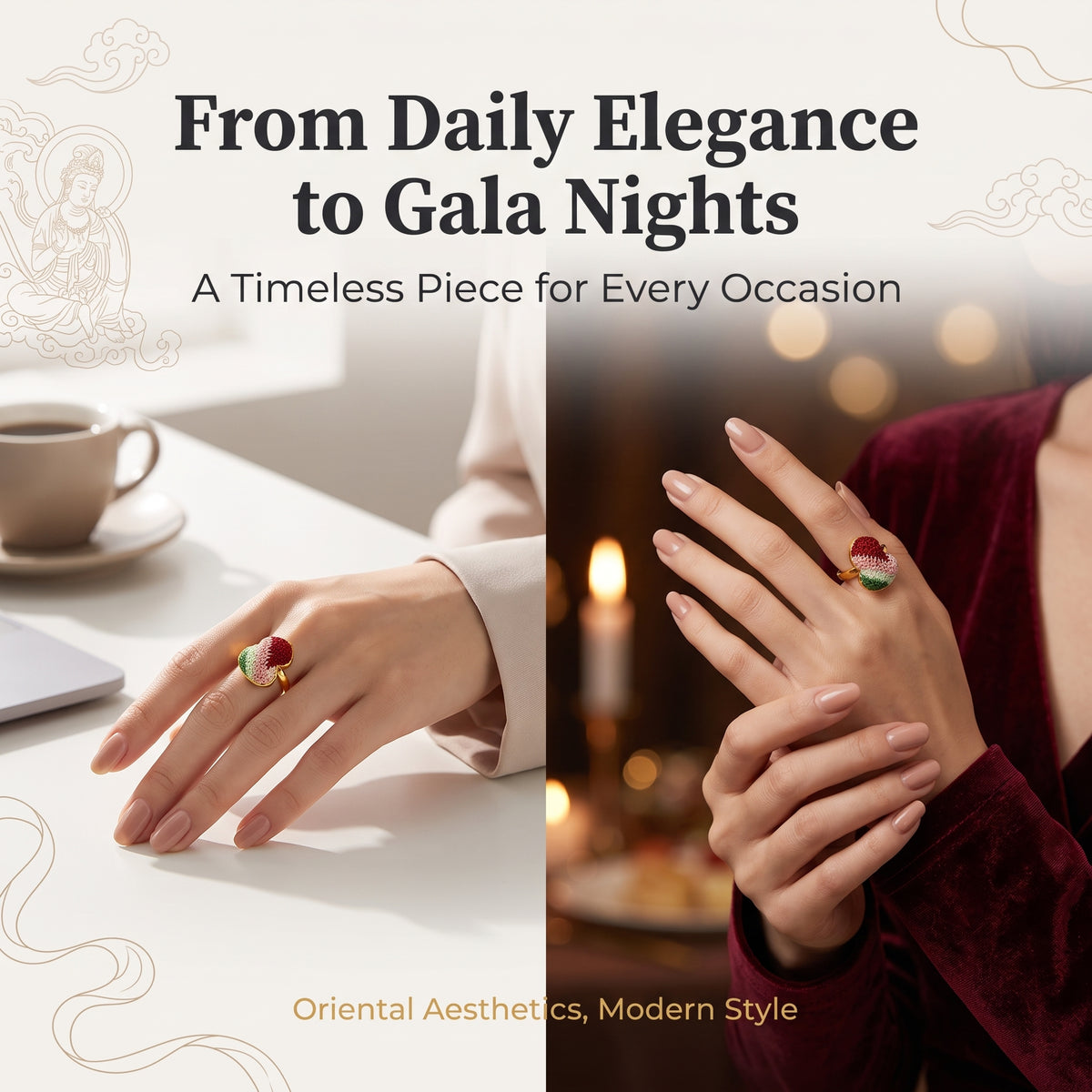 Apsastitch Dunhuang Five-Color Gourd Ring Series – 24K Gold-Plated S925 Silver with Mulberry Silk Embroidery, Five Auspicious Colors, Adjustable Ring Size, Unique Chinese Heritage Jewelry Gift