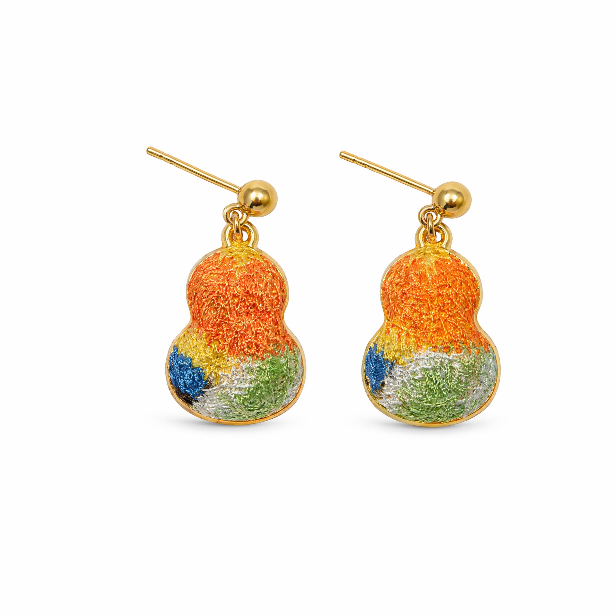 Apsastitch Dunhuang Five-Color Gourd Earrings Series – 24K Gold-Plated S925 Silver with Mulberry Silk Embroidery, Five Auspicious Colors, Unique Chinese Heritage Jewelry Gift