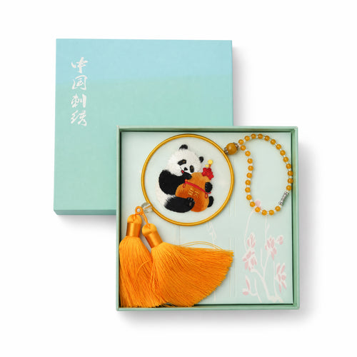Apsastitch Double-Sided Panda with Gourd Embroidery Car Hanging Ornament – 24-Hour Handcrafted Xiang Embroidery Car Charm, Silk Satin with Silk Tassel, Lucky Panda Rearview Mirror Decor, Unique Cute Good Luck Gift