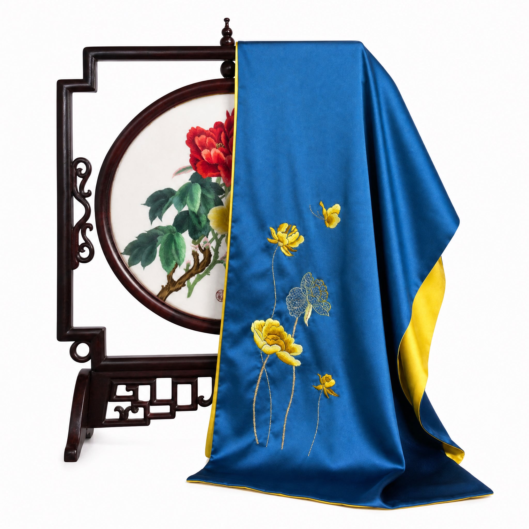 Apsastitch Xiang Embroidery Silk Scarf Series – 40-Hour Handcrafted Silk Scarves, 16 Momme 100% Mulberry Silk, Three Elegant Designs (Gingko / Golden Lotus / Butterfly), Unique Chinese Heritage Fashion Accessory Gift