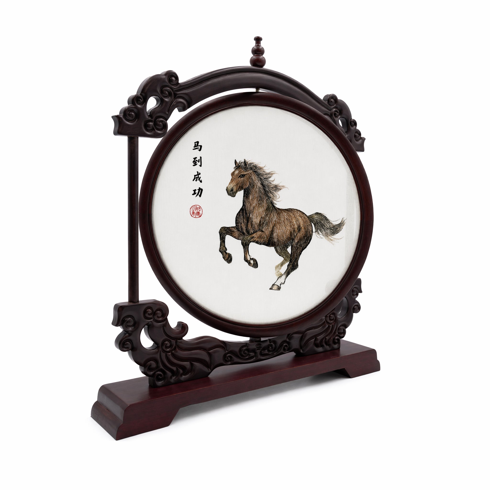 Apsastitch Double-Sided Galloping Horse Embroidery Table Screen – 120-Hour Handcrafted Xiang Embroidery Art Collectible, 43×38cm Silk Satin with Padauk Wood Frame