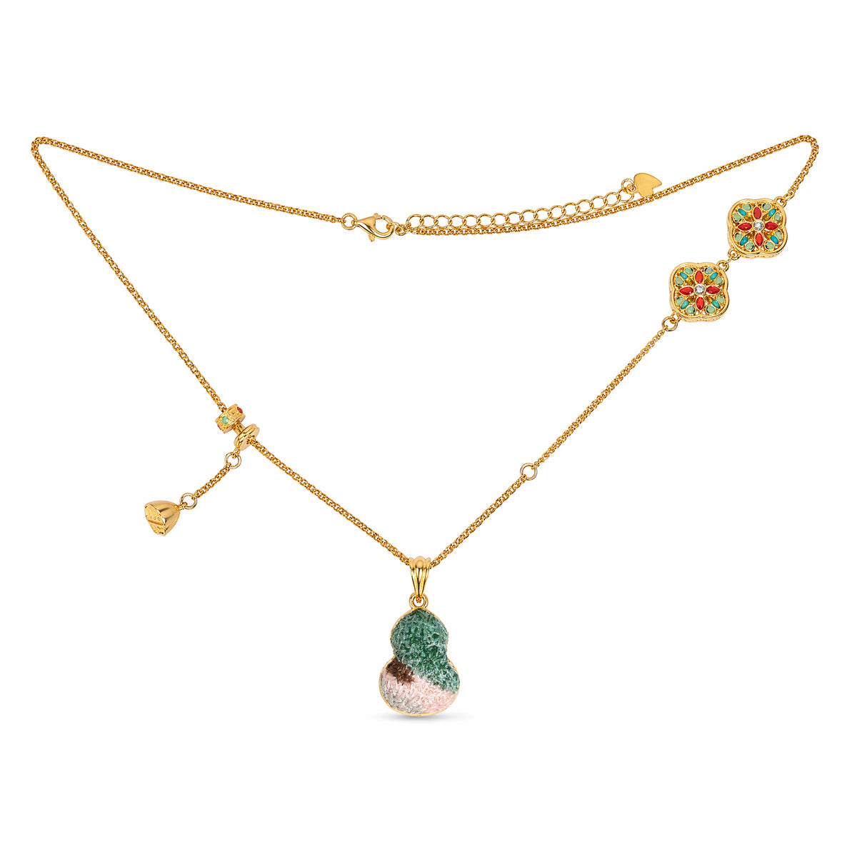 Apsastitch Dunhuang Five-Color Gourd Necklace Series – 24K Gold-Plated S925 Silver with Mulberry Silk Embroidery, Five Auspicious Colors, 38+5cm Adjustable Chain, Unique Chinese Heritage Jewelry Gift
