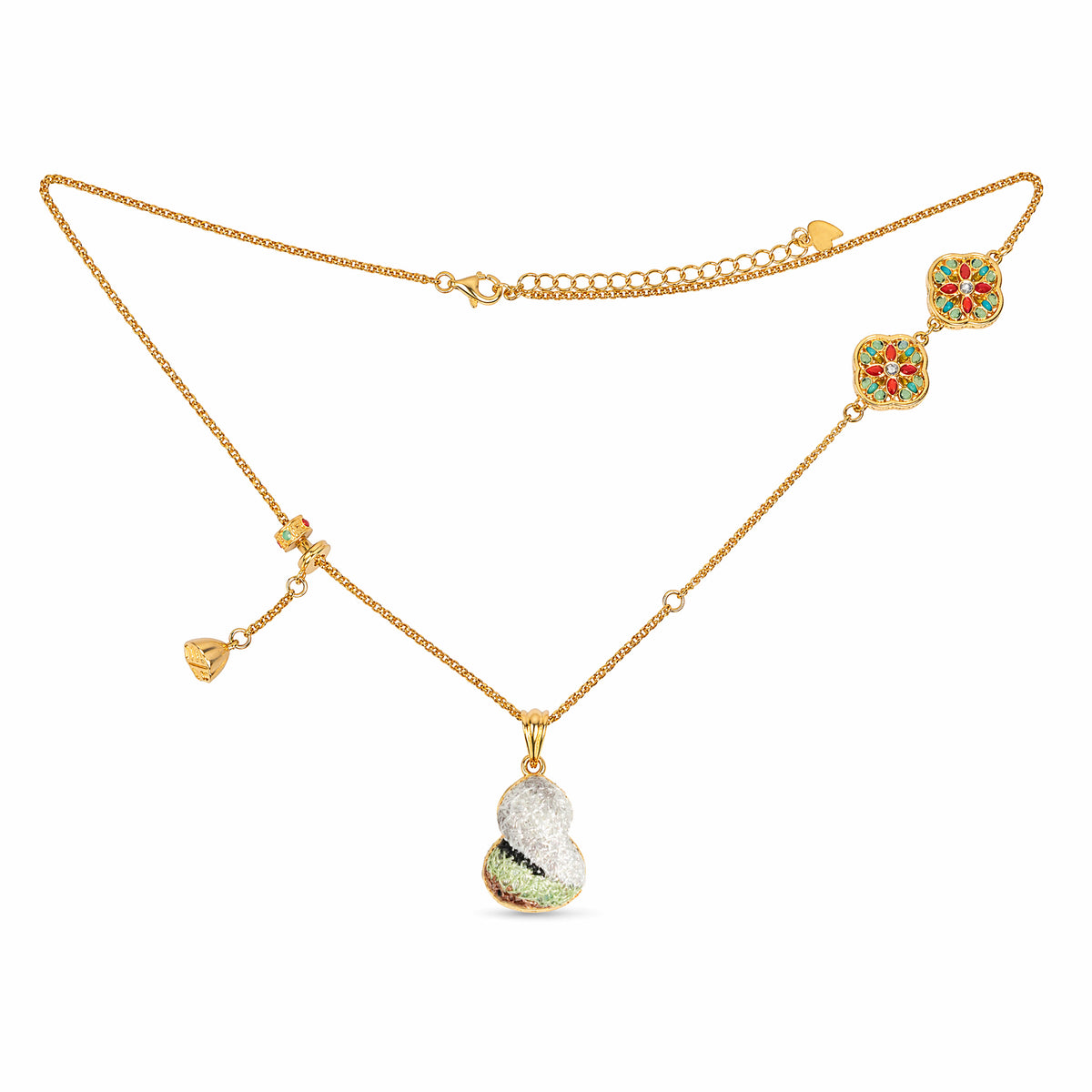 Apsastitch Dunhuang Five-Color Gourd Necklace Series – 24K Gold-Plated S925 Silver with Mulberry Silk Embroidery, Five Auspicious Colors, 38+5cm Adjustable Chain, Unique Chinese Heritage Jewelry Gift