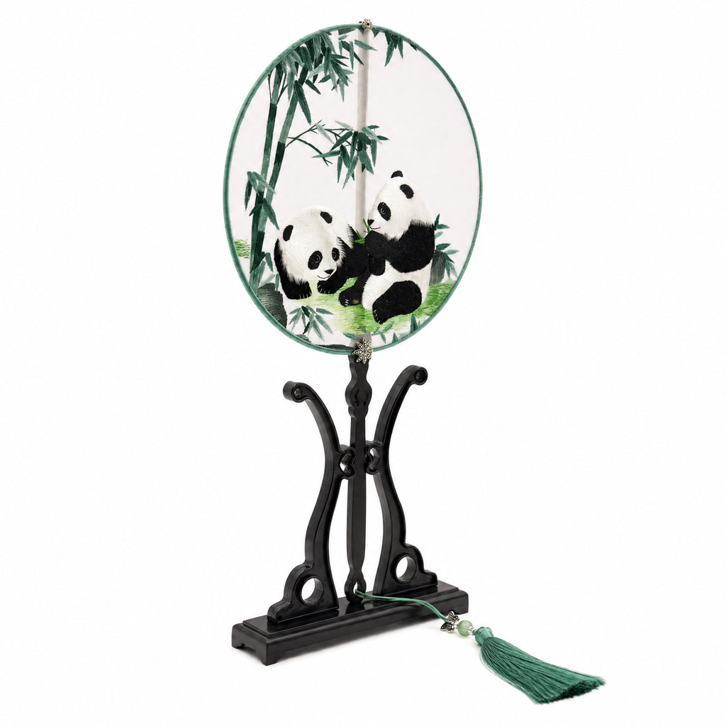 Apsastitch Su Embroidery Hand-Wrapped Silk Fan "Panda with Bamboo" – 192-Hour Handcrafted Suzhou Embroidery Art Fan, 100% Mulberry Silk with Ebony Handle, Unique Chinese Heritage Home Decor Gift