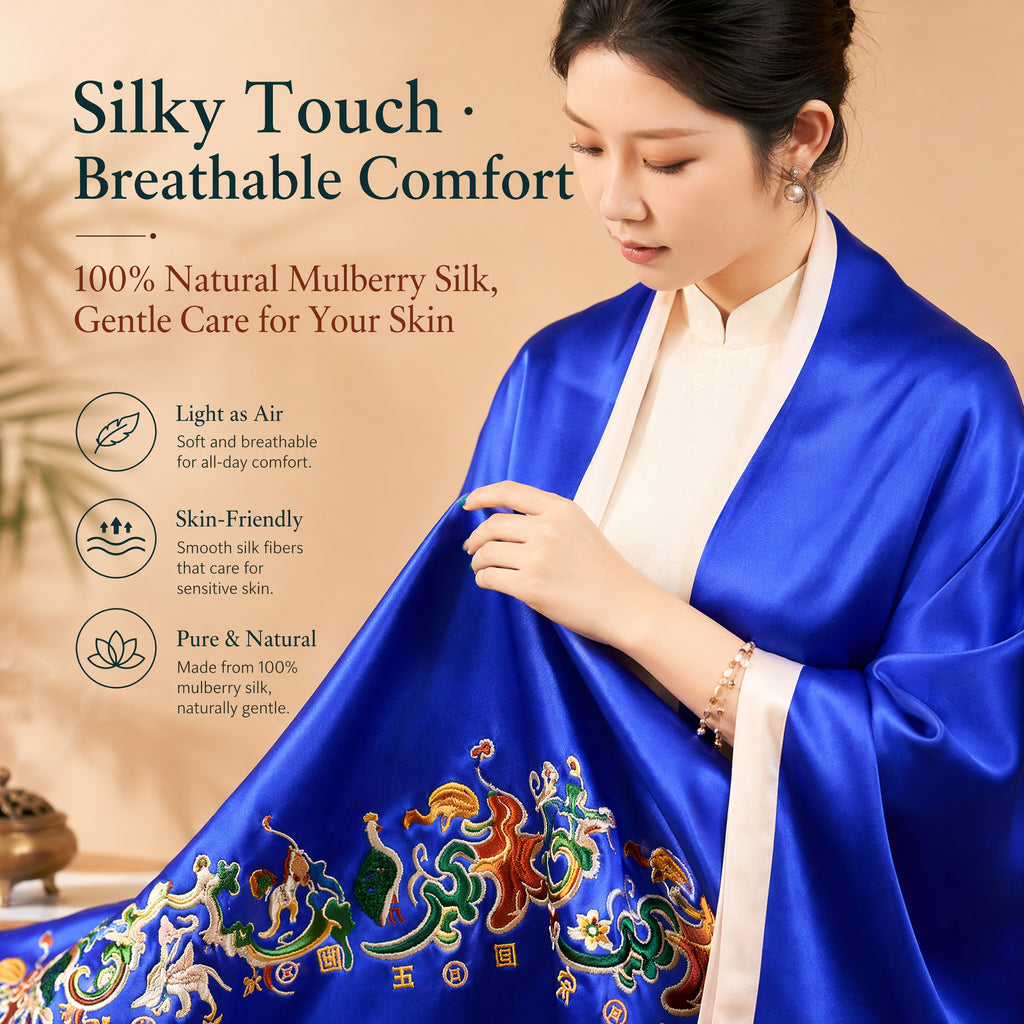 Apsastitch "Five Stars Rise in the East" Silk Scarf Wrap – 120-Hour Handcrafted Xiang Embroidery Silk Wrap, 16 Momme 100% Mulberry Silk, Han Dynasty Brocade Inspiration, Unique Chinese Heritage Wearable Art Gift