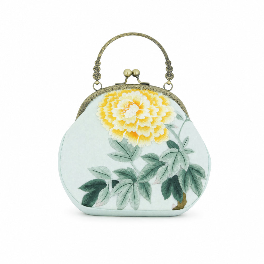 Apsastitch Xiang Embroidery Golden Chrysanthemum Tote Bag – 24-Hour Handcrafted Silk Art Bag with Bronze Hardware, Unique Chinese Heritage Fashion Accessory Gift