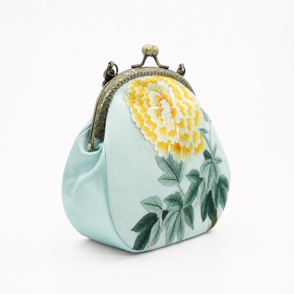 Apsastitch Xiang Embroidery Golden Chrysanthemum Tote Bag – 24-Hour Handcrafted Silk Art Bag with Bronze Hardware, Unique Chinese Heritage Fashion Accessory Gift