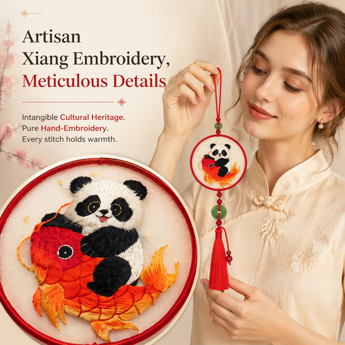 Apsastitch Double-Sided Panda with Carp Fish Embroidery Car Hanging Ornament – 24-Hour Handcrafted Xiang Embroidery Car Charm, Silk Satin with Silk Tassel, Lucky Panda Rearview Mirror Decor, Unique Yearly Surplus Gift