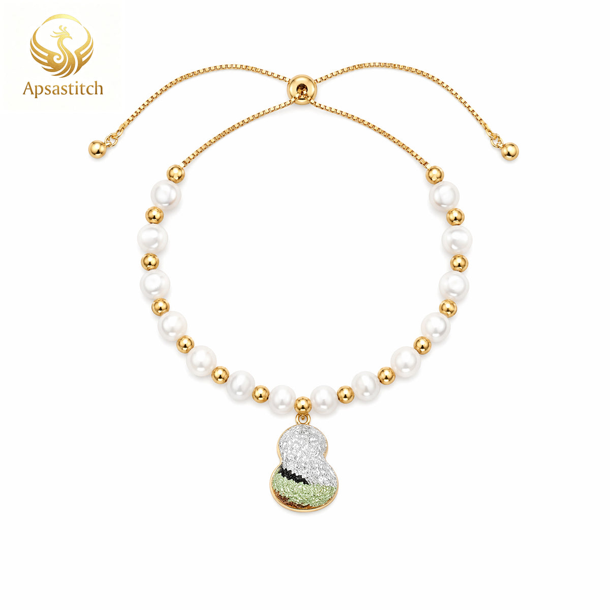 Apsastitch Dunhuang Five-Color Gourd Bracelet Series – 24K Gold-Plated S925 Silver with Freshwater Pearl & Mulberry Silk Embroidery, Five Auspicious Colors, Adjustable Sliding Knot, Unique Chinese Heritage Jewelry Gift