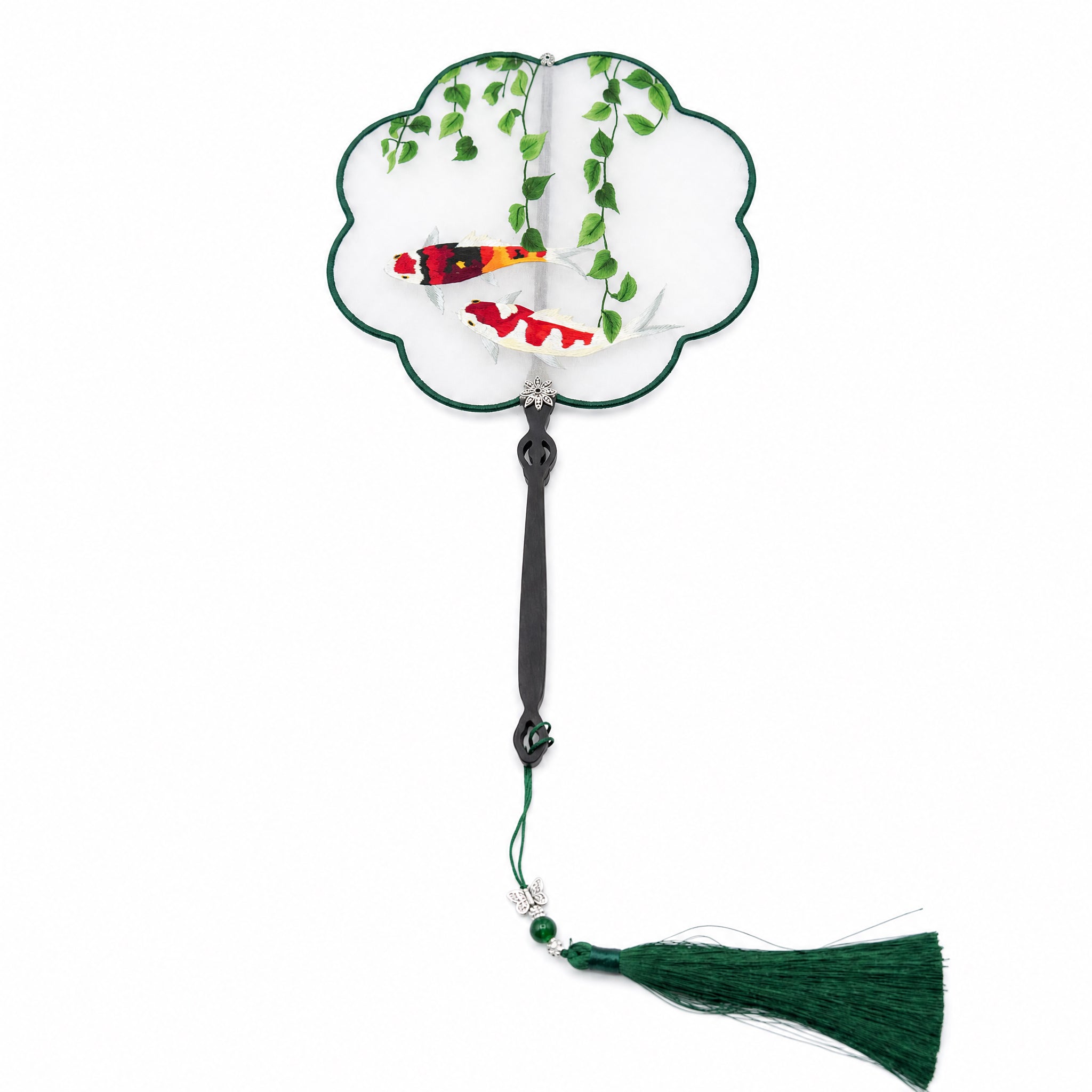 Apsastitch Su Embroidery Hand-Wrapped Silk Fan "Koi Fish Blessing" – 192-Hour Handcrafted Suzhou Embroidery Art Fan, 100% Mulberry Silk with Ebony Handle, Unique Chinese Heritage Home Decor Gift