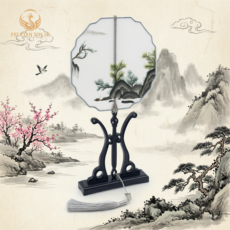 FEITIANXIUSEHandmade Double-Sided Silk Embroidery Round Fan Chinese Tuan Shan Classical Art Gift