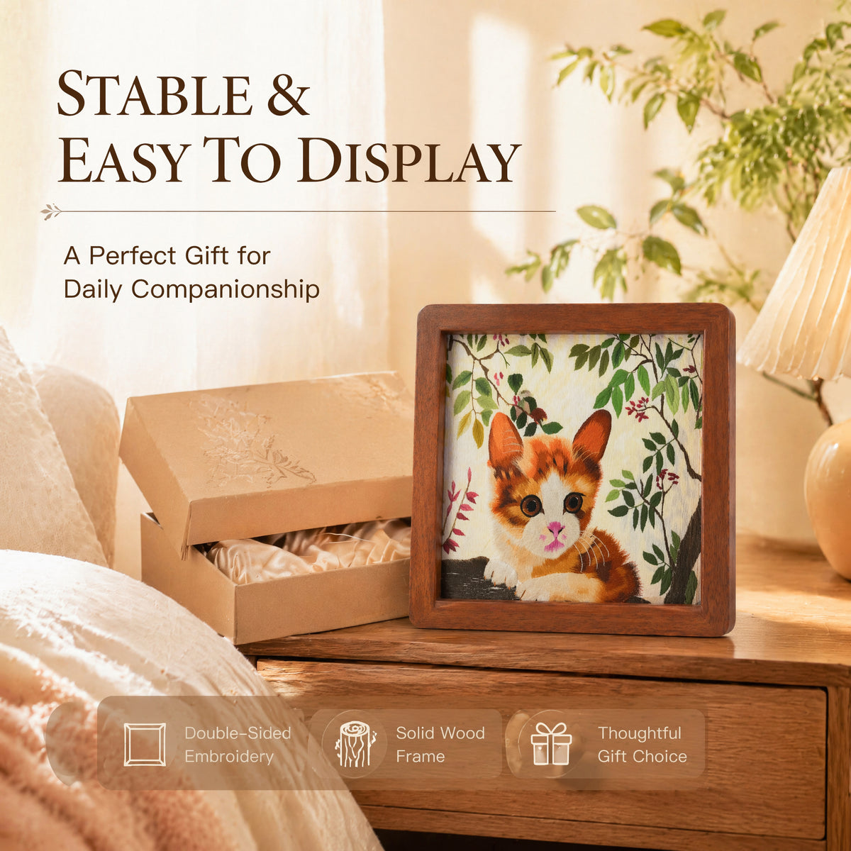 Apsastitch Double-Sided Chinese Cat Face Embroidery Table Screen – 60-Hour Handcrafted Xiang Embroidery Art Collectible, Silk Satin with Solid Wood Frame, Home Decor Art, Unique Chinese Housewarming Gift