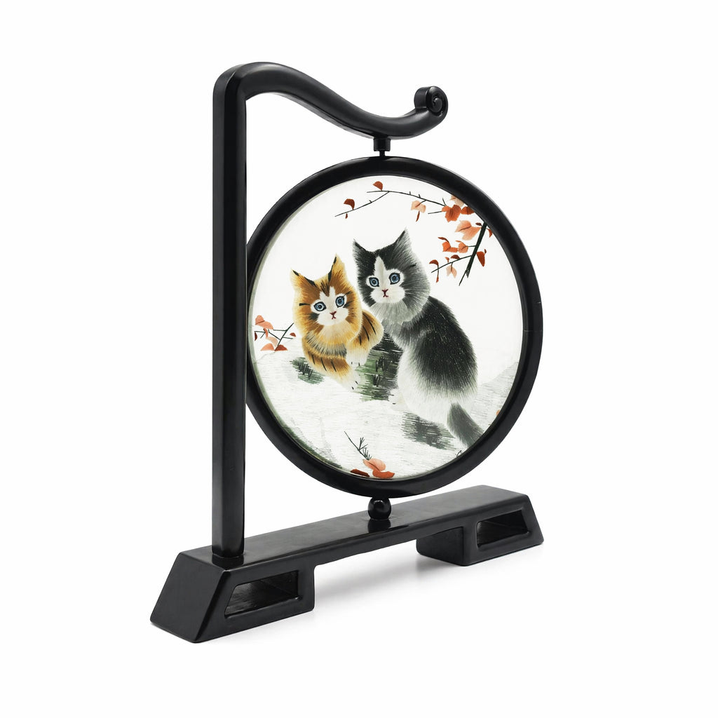 Apsastitch Double-Sided Auspicious Cats Embroidery Table Screen – Handcrafted Xiang Embroidery Art Collectible, Silk Satin with Solid Wood Frame