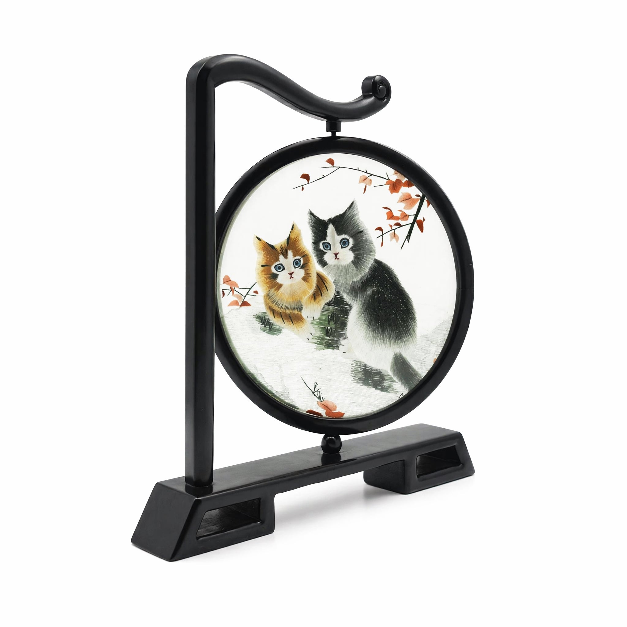 Apsastitch Double-Sided Auspicious Cats Embroidery Table Screen – Handcrafted Xiang Embroidery Art Collectible, Silk Satin with Solid Wood Frame