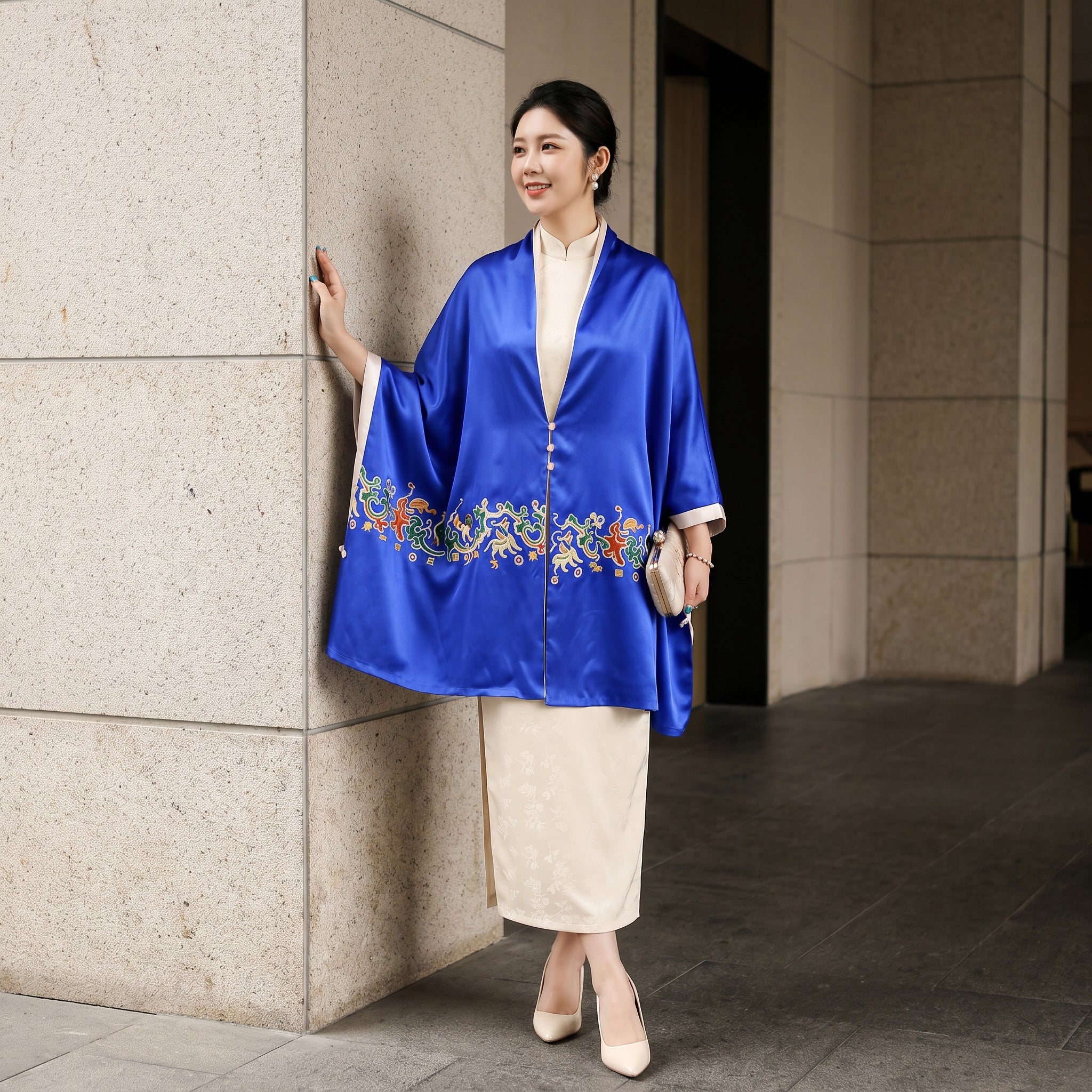 Apsastitch "Five Stars Rise in the East" Silk Scarf Wrap – 120-Hour Handcrafted Xiang Embroidery Silk Wrap, 16 Momme 100% Mulberry Silk, Han Dynasty Brocade Inspiration, Unique Chinese Heritage Wearable Art Gift