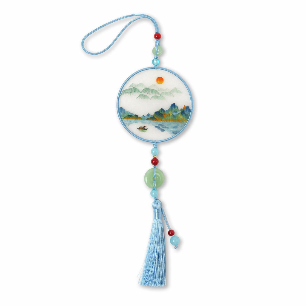 Apsastitch Su Embroidery "Thousand Miles of Rivers and Mountains" Car Hanging Ornament – 120-Hour Handcrafted Suzhou Embroidery Car Charm, 100% Mulberry Silk Base, Landscape Rearview Mirror Decor, Unique Chinese Art Gift