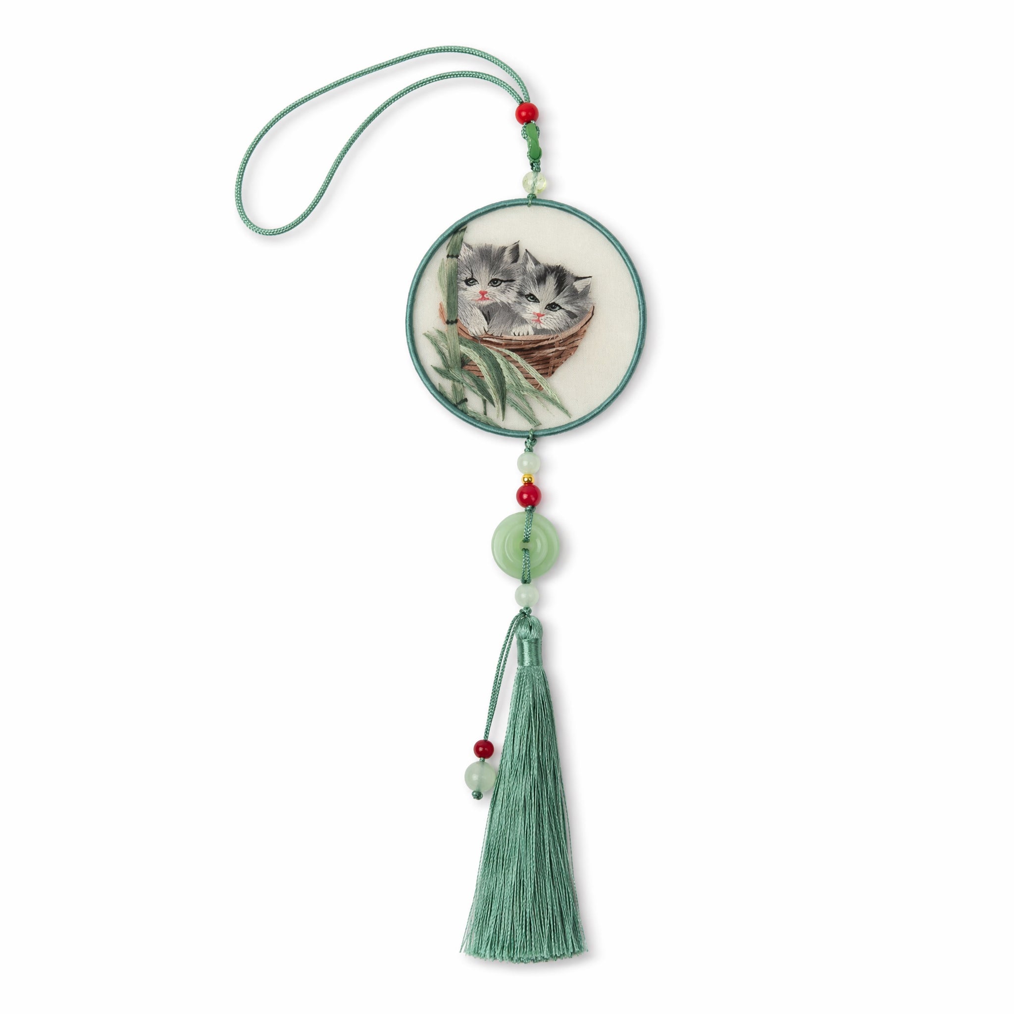 Apsastitch Su Embroidery "Lucky Cat" Car Hanging Ornament – 120-Hour Handcrafted Suzhou Embroidery Car Charm, 100% Mulberry Silk Base, Cute Cat Rearview Mirror Decor, Unique Lucky Gift