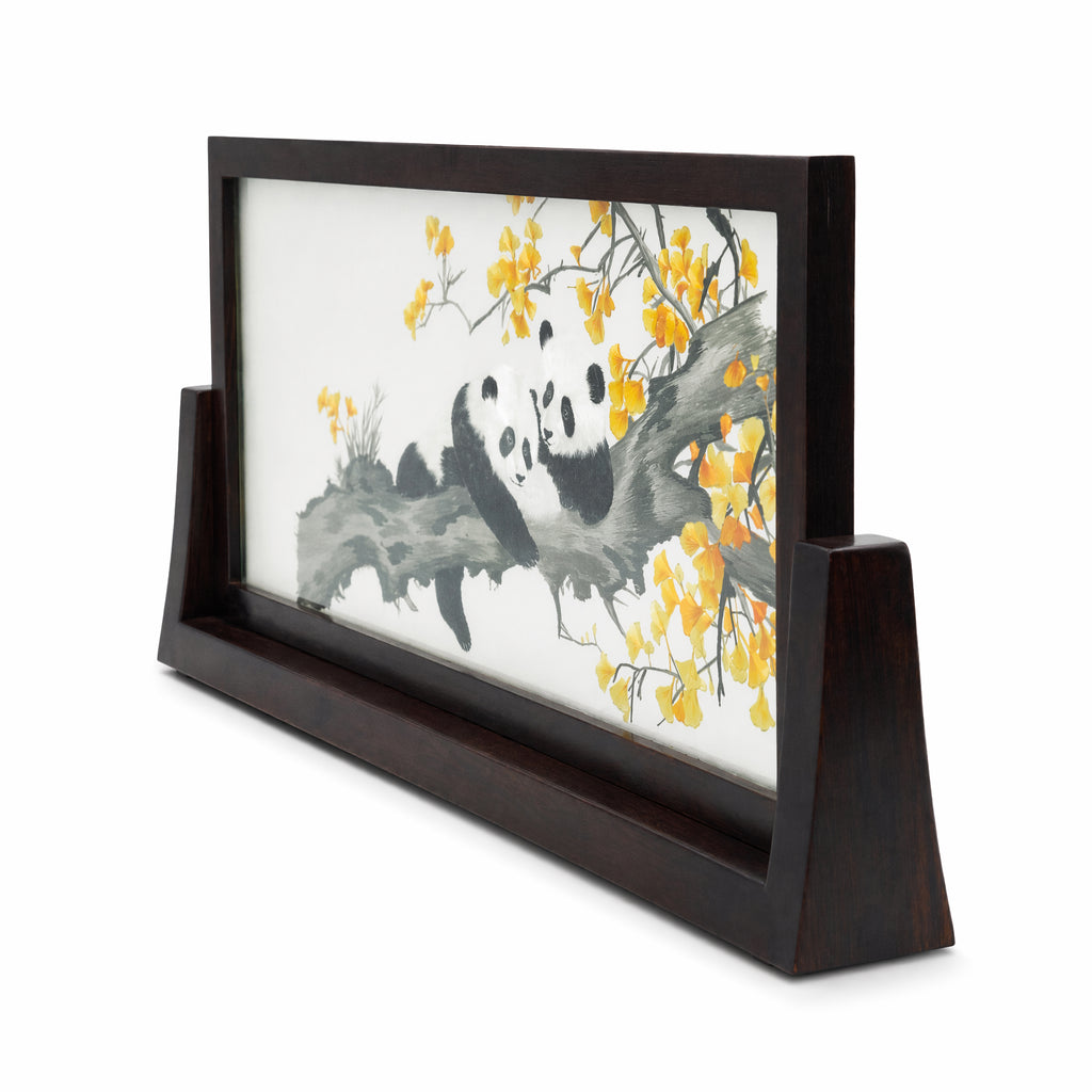 Apsastitch Double-Sided Panda Embroidery Table Screen – 120-Hour Handcrafted Xiang Embroidery Art Collectible, 50×24cm Silk Organza with Padauk Wood Frame