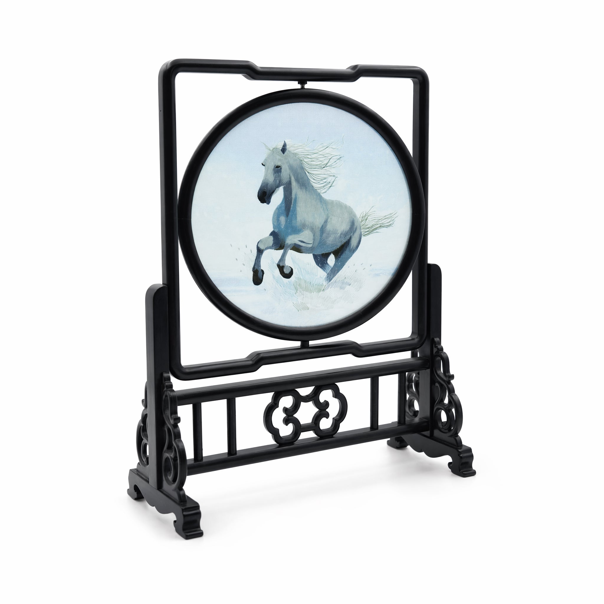 Apsastitch Double-Sided Black and White Horse Embroidery Table Screen – 240-Hour Handcrafted Xiang Embroidery Art Collectible, 20×20cm Silk Satin with Rosewood Frame
