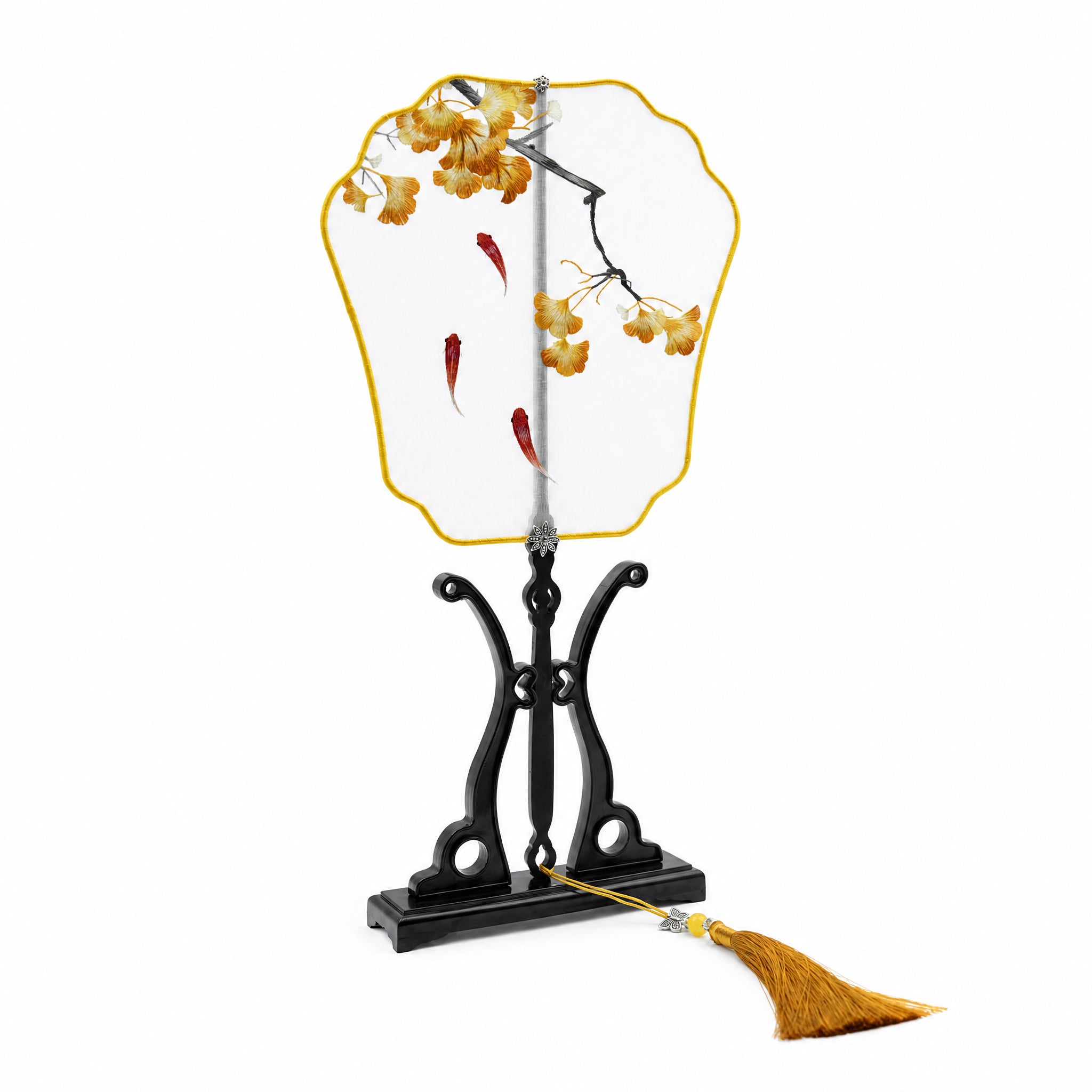 Apsastitch Su Embroidery Hand-Wrapped Silk Fan "Ginkgo & Fish" – 192-Hour Handcrafted Suzhou Embroidery Art Fan, 100% Mulberry Silk with Ebony Handle, Unique Chinese Heritage Home Decor Gift