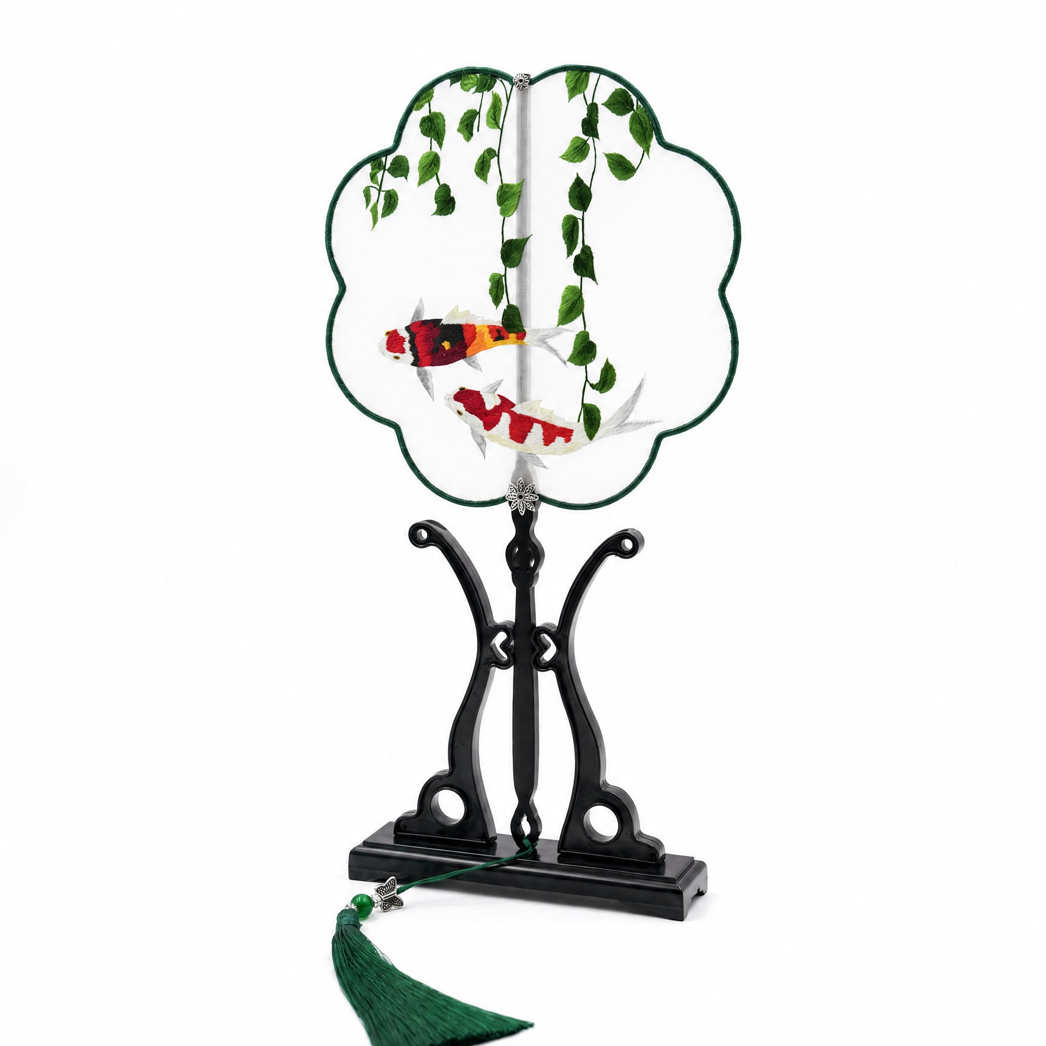 Apsastitch Su Embroidery Hand-Wrapped Silk Fan "Koi Fish Blessing" – 192-Hour Handcrafted Suzhou Embroidery Art Fan, 100% Mulberry Silk with Ebony Handle, Unique Chinese Heritage Home Decor Gift