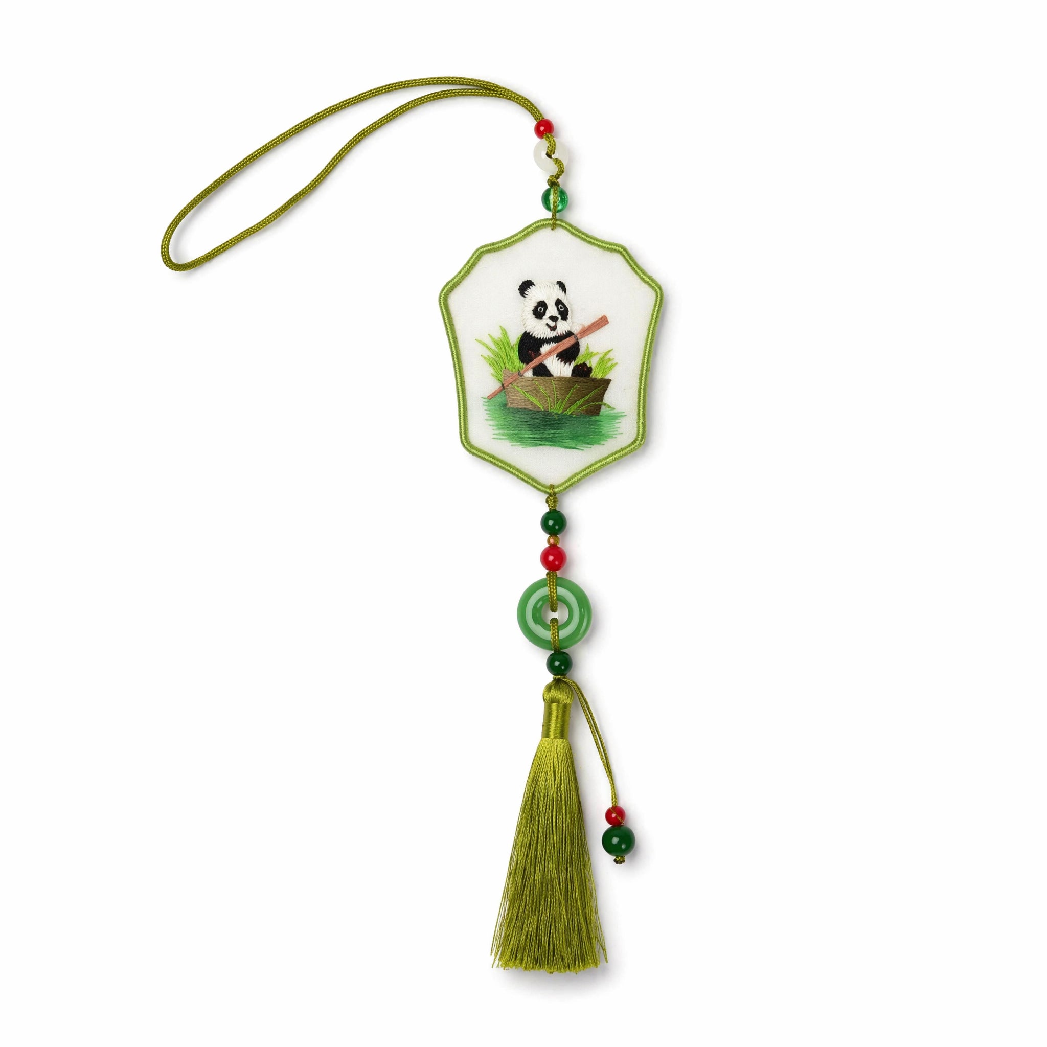 Apsastitch Double-Sided Lucky Panda Embroidery Car Hanging Ornament – 24-Hour Handcrafted Xiang Embroidery Car Charm, Silk Satin with Silk Tassel, Cute Panda Rearview Mirror Decor, Unique Peaceful Good Luck Gift