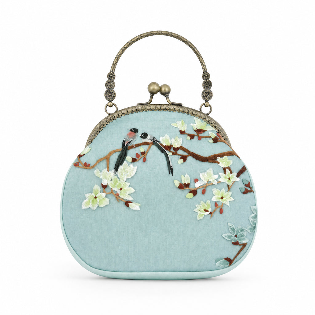 Apsastitch Su Embroidery "Magnolia & Bird" Tote Bag – 216-Hour Handcrafted Silk Art Bag with Bronze Hardware, Unique Chinese Heritage Fashion Accessory Gift