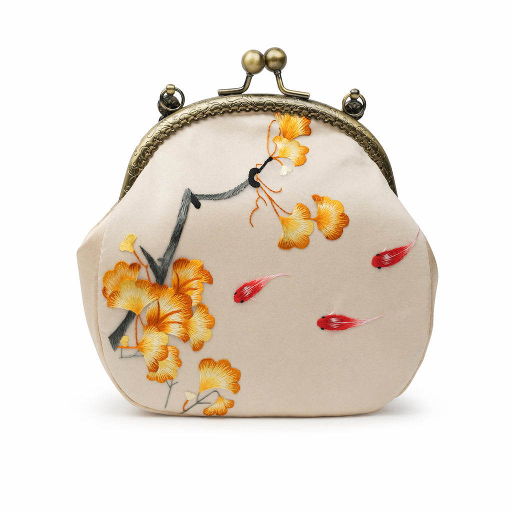 Apsastitch Xiang Embroidery Ginkgo & Fish Tote Bag – 24-Hour Handcrafted Silk Art Bag with Bronze Hardware, Unique Chinese Heritage Fashion Accessory Gift