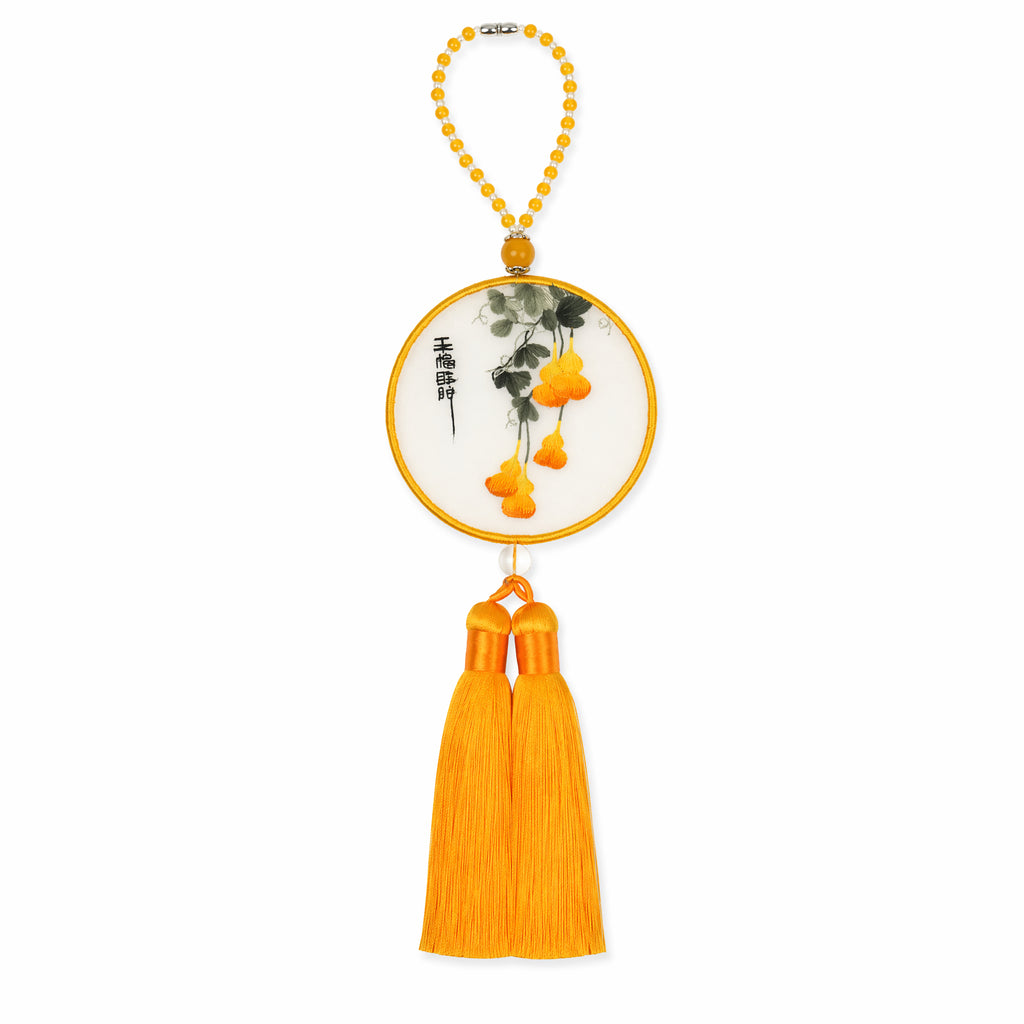 Apsastitch Double-Sided Five Blessings Gourd Embroidery Car Hanging Ornament – 24-Hour Handcrafted Xiang Embroidery Car Charm, 8×8cm Silk Satin with Silk Tassel