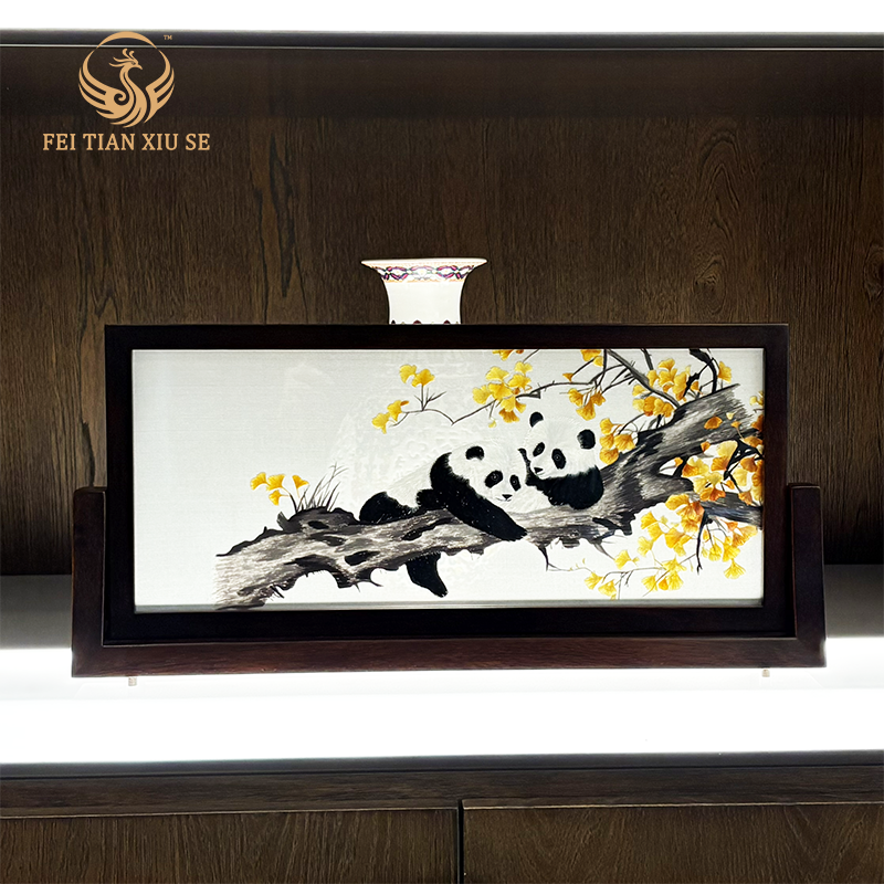 Handmade Su Embroidery Double-Sided Panda Table Screen - Cenderamata Mewah, Hiasan Meja Gaya Cina