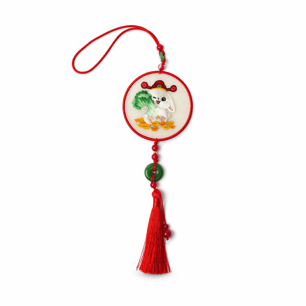 Apsastitch Su Embroidery "Little White Rabbit" Car Hanging Ornament – 120-Hour Handcrafted Suzhou Embroidery Car Charm, 100% Mulberry Silk Base, Cute Rabbit Rearview Mirror Decor, Unique Lucky Gift
