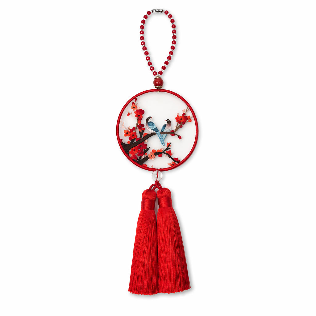 Apsastitch Double-Sided Magpie on Plum Blossom Embroidery Car Hanging Ornament – 24-Hour Handcrafted Xiang Embroidery Car Charm, 8×8cm Silk Satin with Silk Tassel