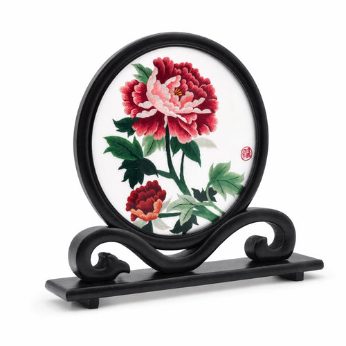 Apsastitch Double-Sided Peony Embroidery Table Screen – 126-Hour Handcrafted Xiang Embroidery Art Collectible, Silk Satin with Wenge Wood Frame, Home Decor Art, Unique Chinese Housewarming Gift