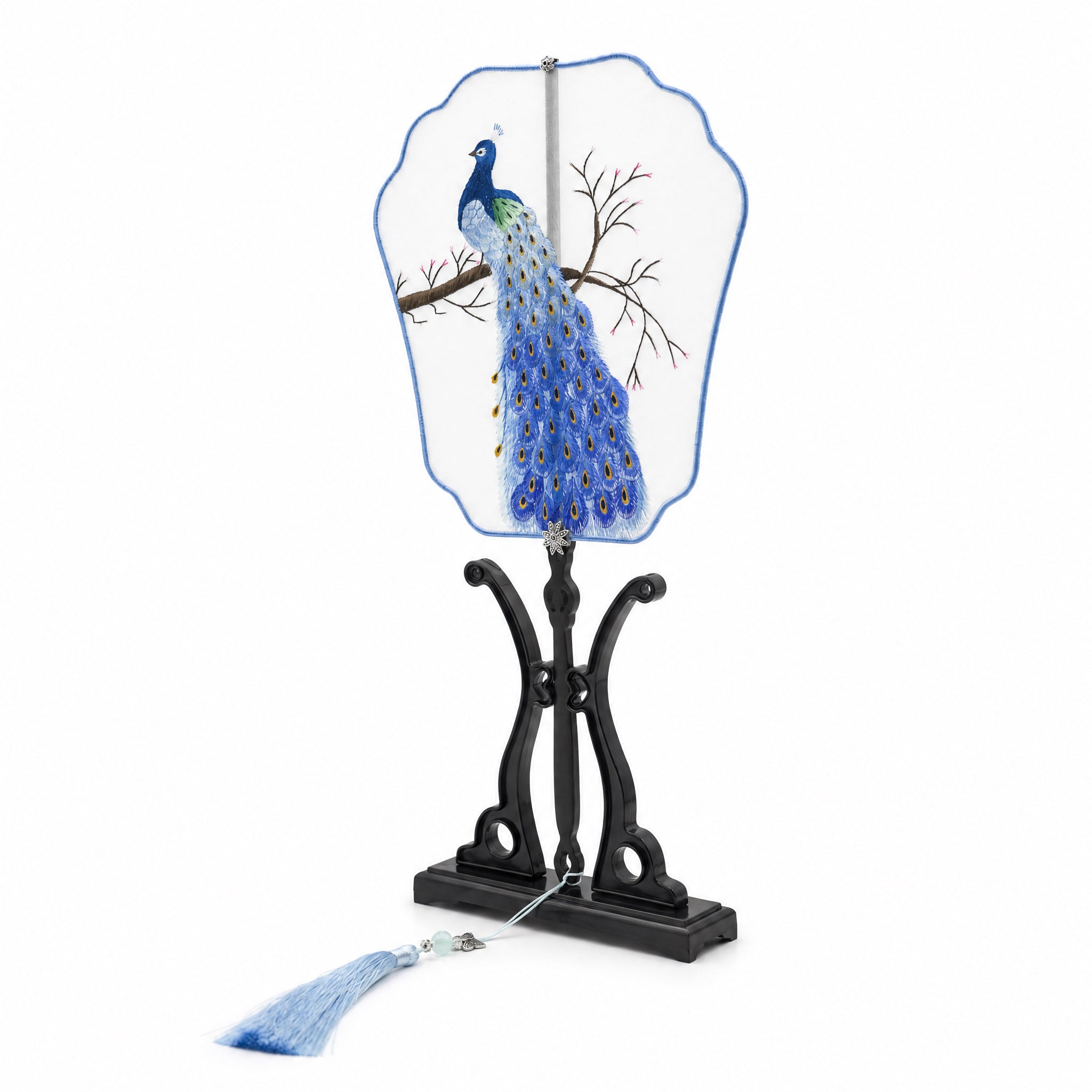 Apsastitch Su Embroidery Hand-Wrapped Silk Fan "Peacock" – 192-Hour Handcrafted Suzhou Embroidery Art Fan, 100% Mulberry Silk with Ebony Handle, Unique Chinese Heritage Home Decor Gift