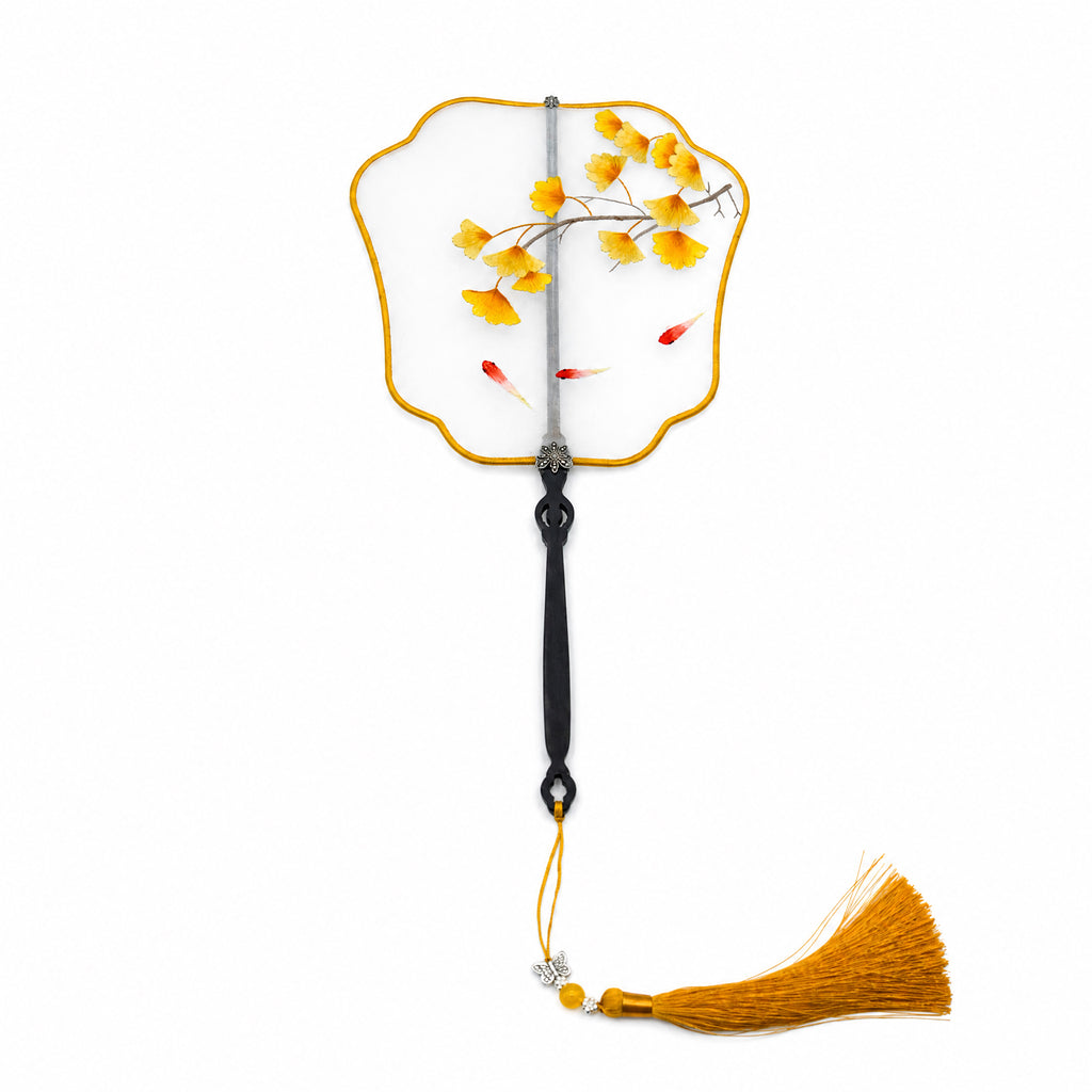 Apsastitch Su Embroidery Hand-Wrapped Silk Fan "Ginkgo & Fish" – 192-Hour Handcrafted Suzhou Embroidery Art Fan, 100% Mulberry Silk with Ebony Handle, Unique Chinese Heritage Home Decor Gift